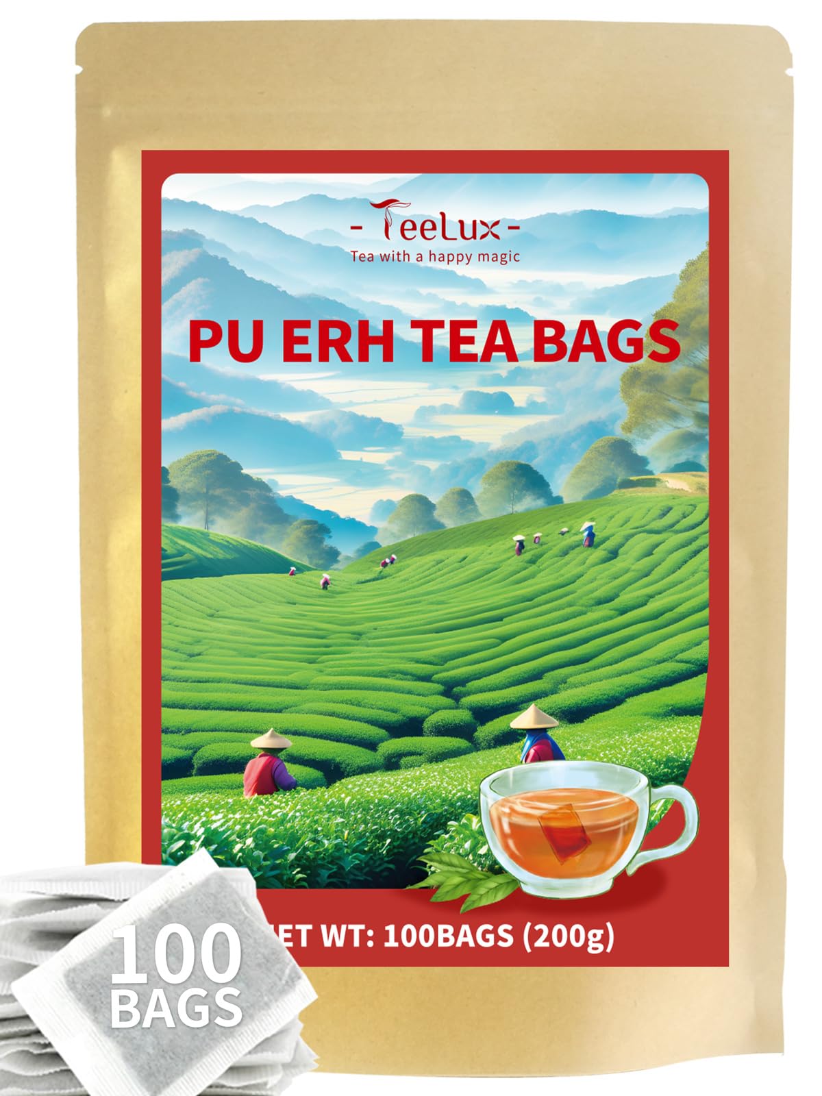 TeeLux Pu Erh Tea Bags 100 Count, Vegan, Pure Puerh Fermentation Tea, Smooth & Rich Flavor, Caffeinated, Natural Pu Er Tea, Biodegradable Tea Bags