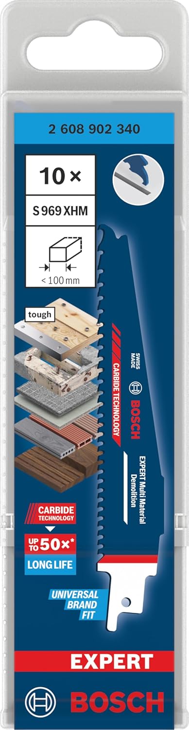 Bosch 10x Expert Multi Material Demolition S969XHM Blade (for Wood with Metal, Construction Wood with Mortar and Nails, Length 150 mm, Professional Accessory Reciprocating Saw)