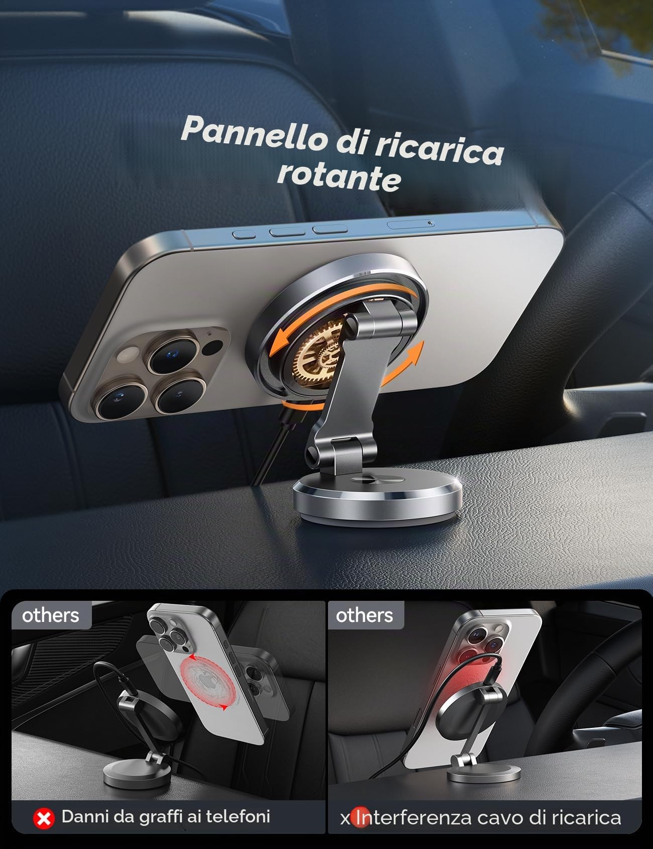 JOYROOM Supporto Telefono Auto da 15W con Funzione di Ricarica [Rotazione Doppia Lato] Caricatore Wireless Auto per Cruscotto,Portatelefono da Automobile per iPhone 17 16 15 14 13 Pro Max Plus,Argento