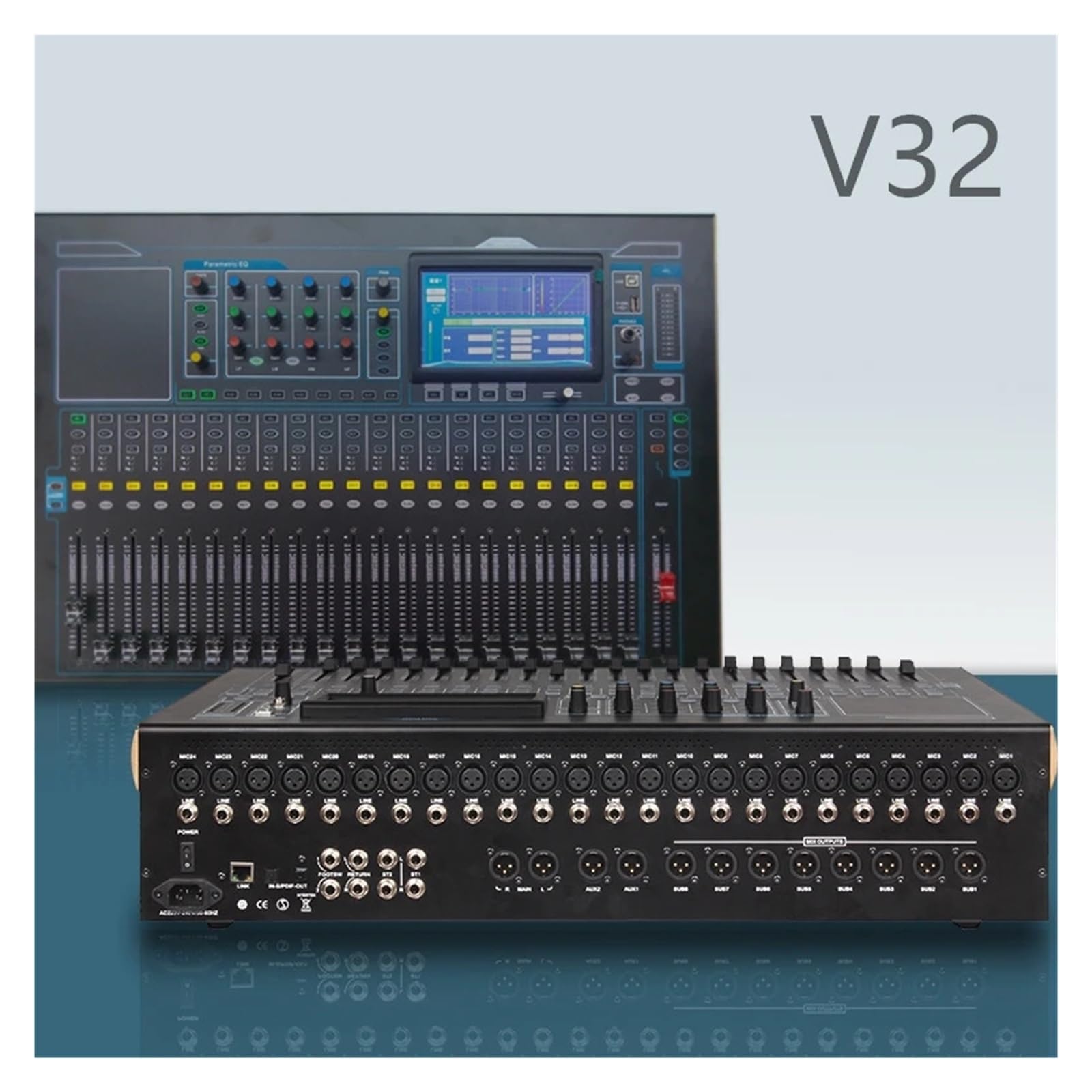 V32 Professioneller Digitalmixer 32-Kanal-Elektrofader Audio-Mischpult Sound Table Equalizer Effektor Bühnenperformance für Aufnahmestudio
