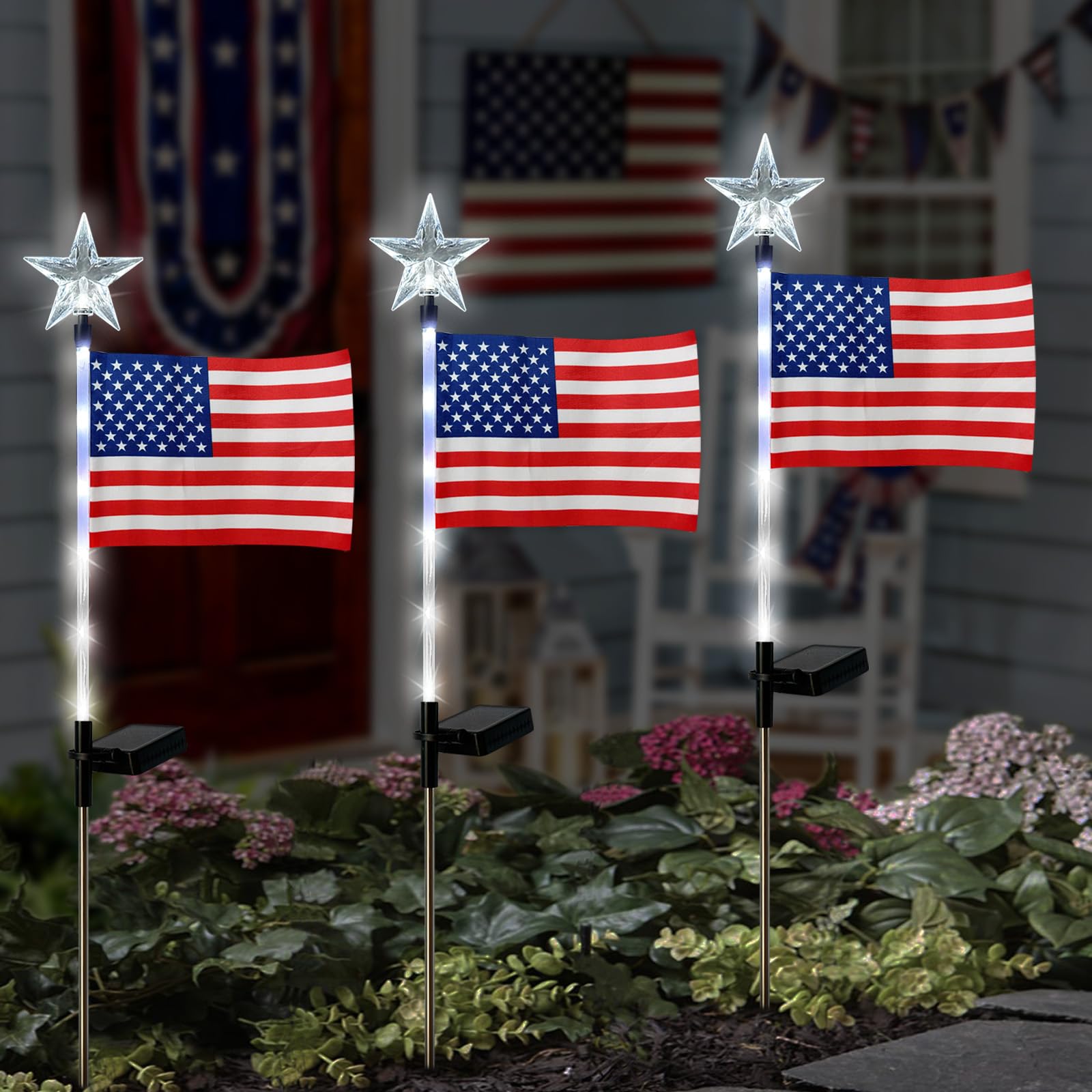 4th of July Decorations Outdoor,3 Pack Solar American Flag lights Stakes