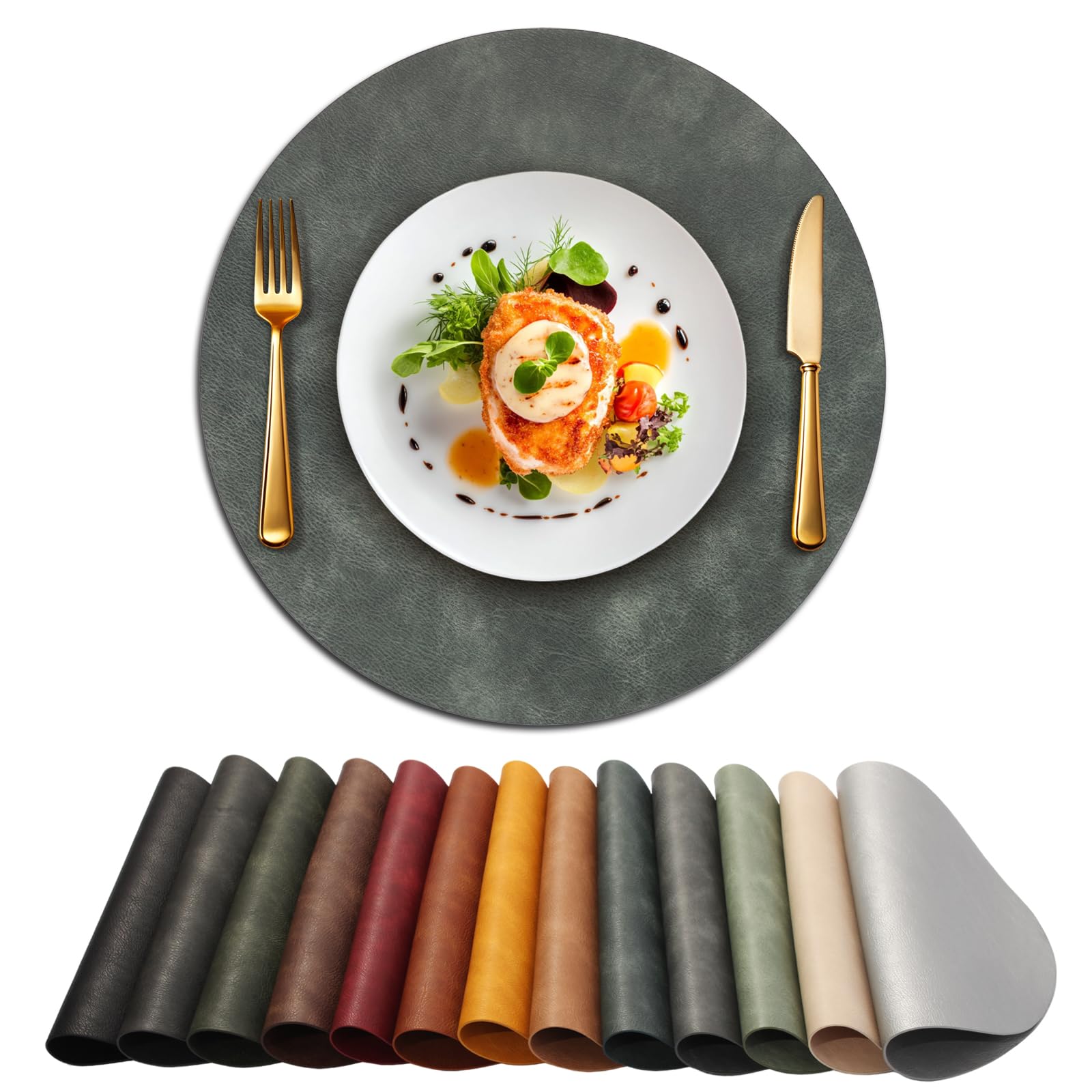 UnivoColors Placemats Round Faux Leather Placemats Set of 8-Waterproof-Wipe Clean-Heat Resistant-Anti Slip Dining Table Place Mats,Suitable for Indoor &amp; Outdoor Use,15".Retro Blue Grey