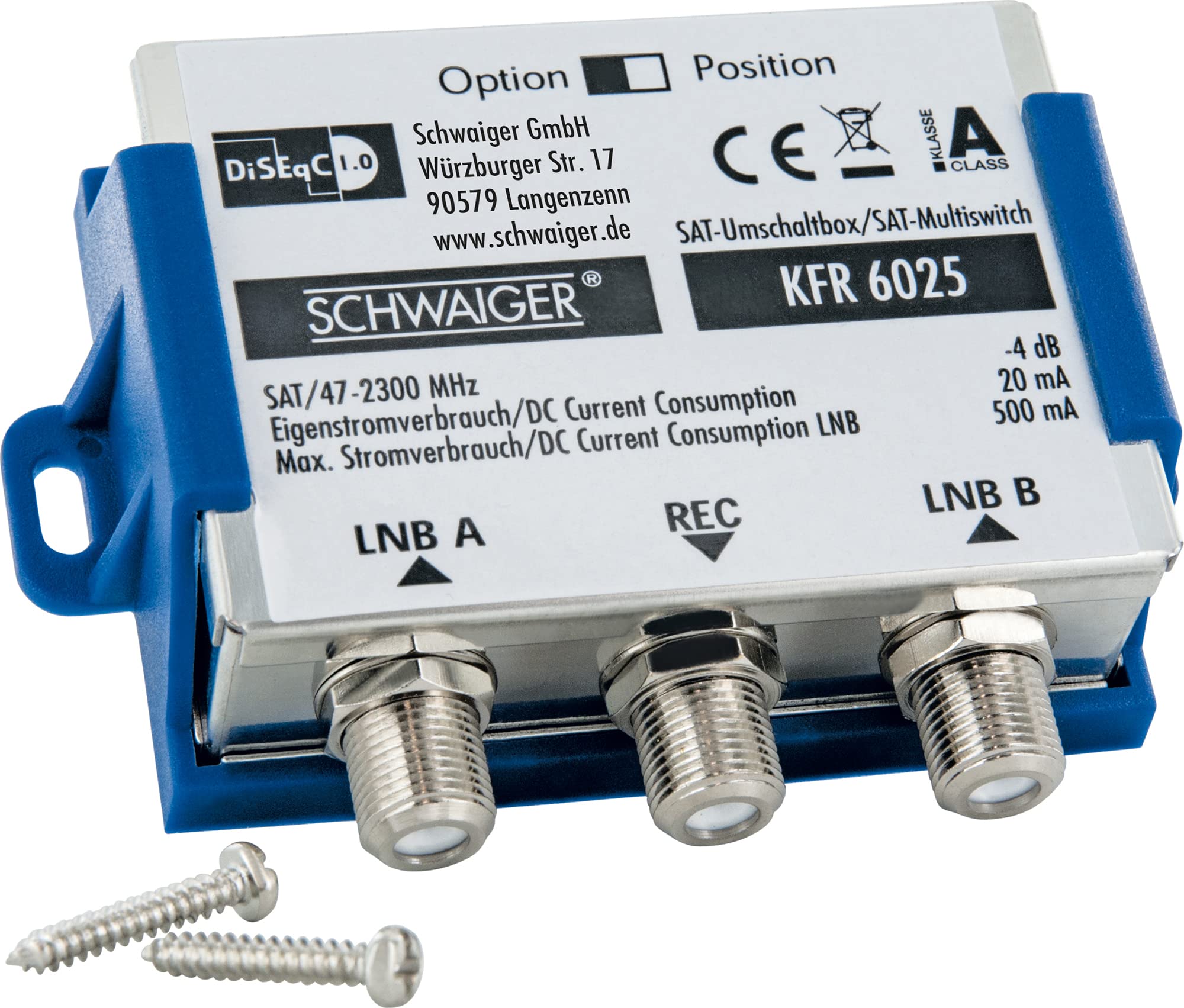 SCHWAIGER -KFR6025 531 - DiSEqC 1.0 Interruttore | F Femmina | distribuito 2 LNB universali su 1 partecipante | Passaggio DC | DC | Collegamento di commutatori possibili | Argento