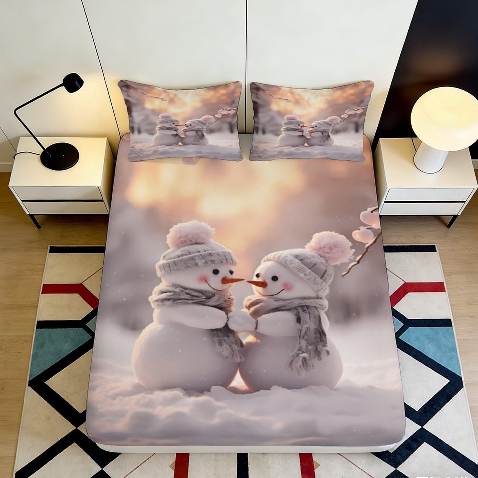 3D Printed Snowman Fitted Sheet Microfiber Soft Warm Winter Design Bed Cover for Bedroom Dormitory Guest Room Mattress Protection 160x200x25cm