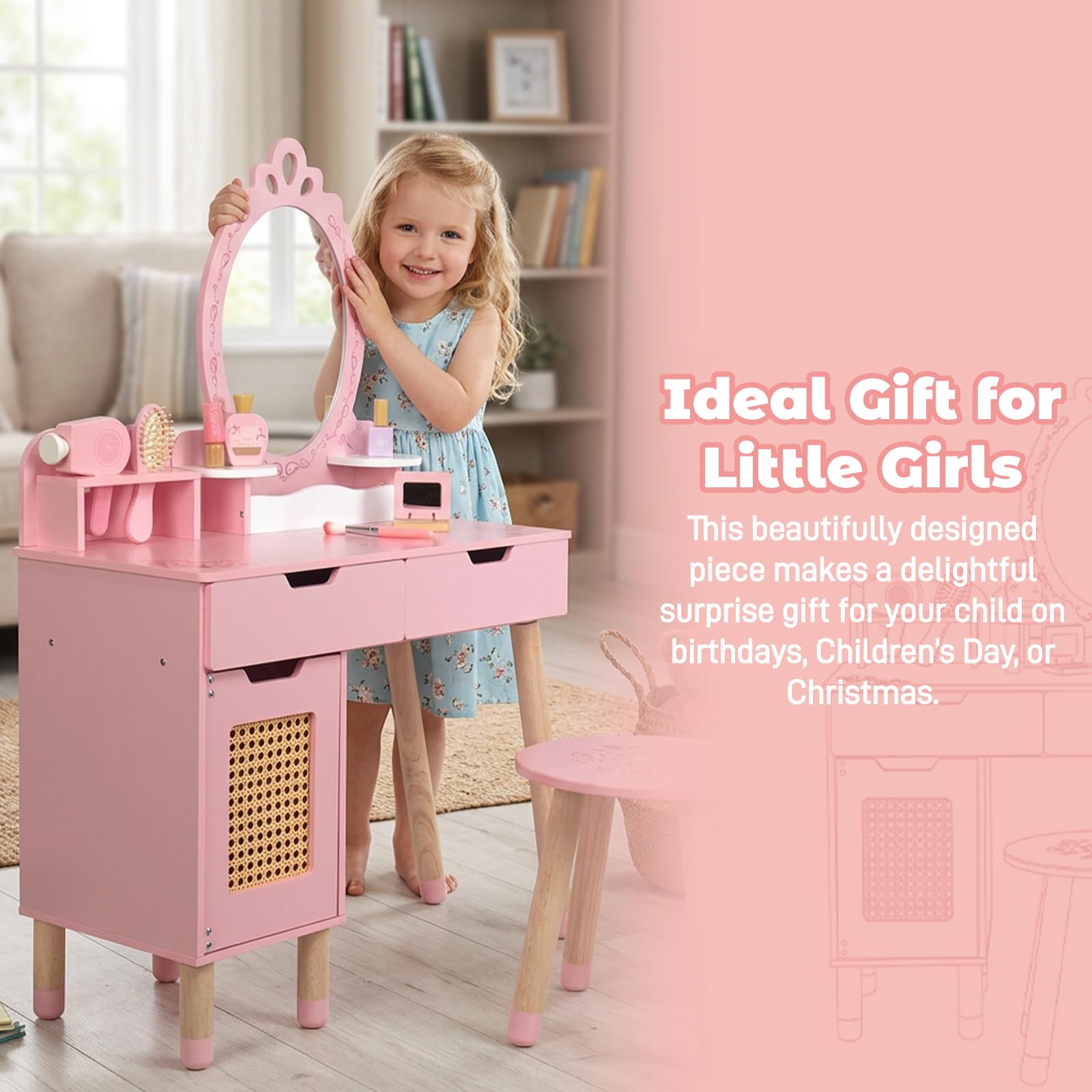 WOODENFUN Rosa Retro Palissaden Prinzessin Schminktisch für Kinder mit Hocker, Schublade, Make-up-Set, multifunktionaler hölzerner Gitter Schminktisch für Kindergeburtsgeschenk