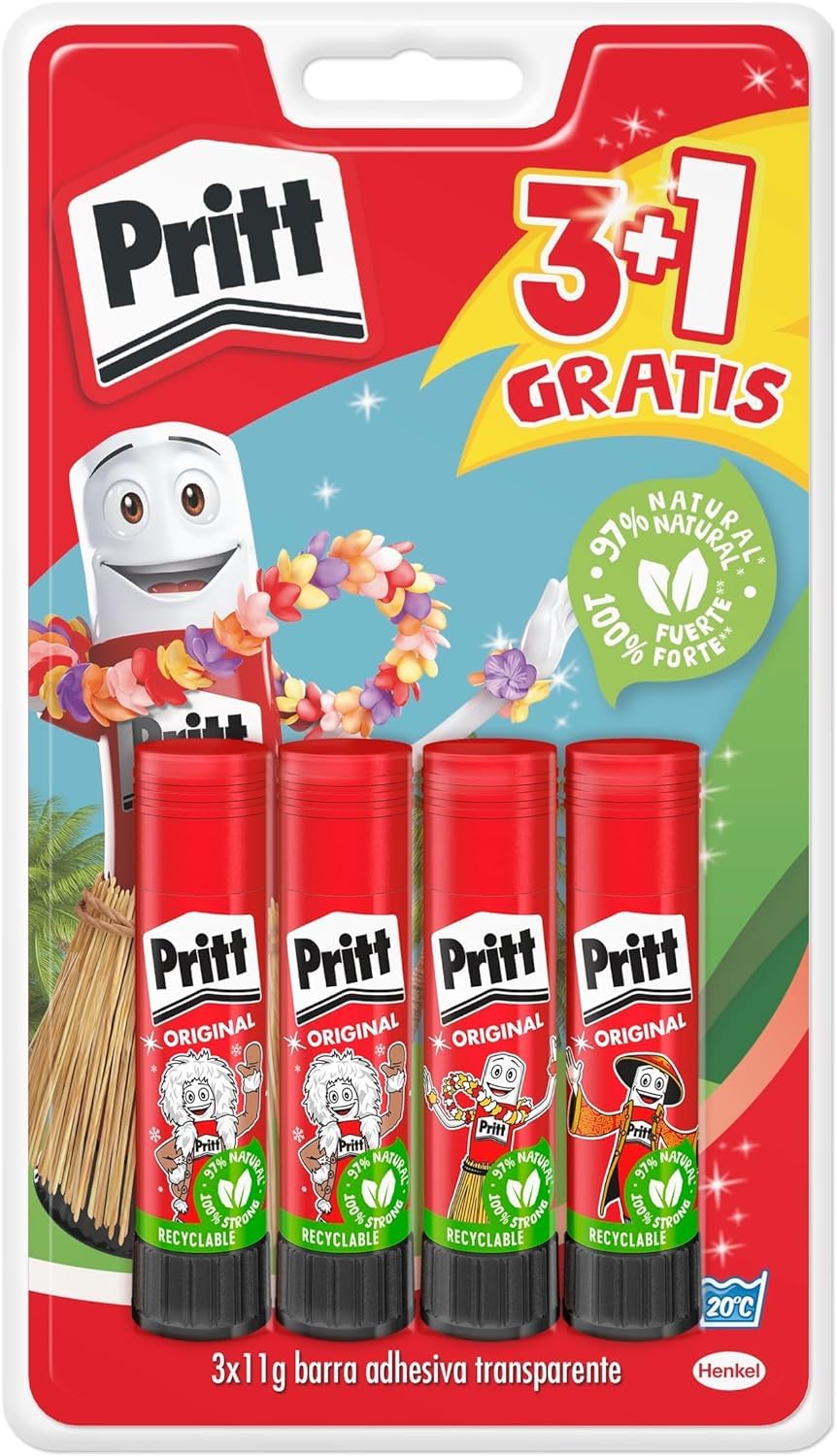 Pritt Barra Adhesiva, pegamento infantil seguro para niños para manualidades, cola universal de adhesión fuerte para estuche escolar y oficina, 3+1 x 11 g Pritt Stick