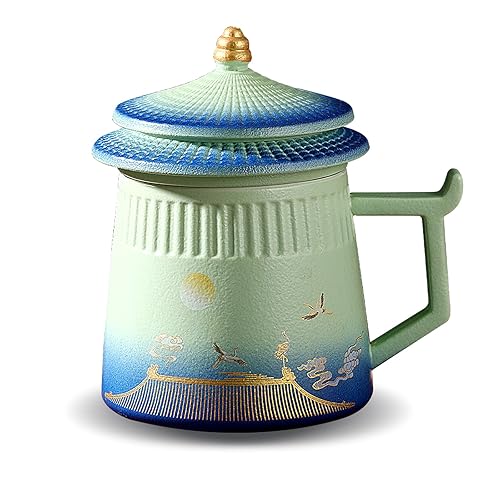 Tea Cup with Infuser and Lid,Loose Leaf Tea Steeper Cup 14.8oz Ceramic tea Infuser Mug Travel Large Steeping Cup Diffusers Mugs with Fine Strainer and Handle - Blue