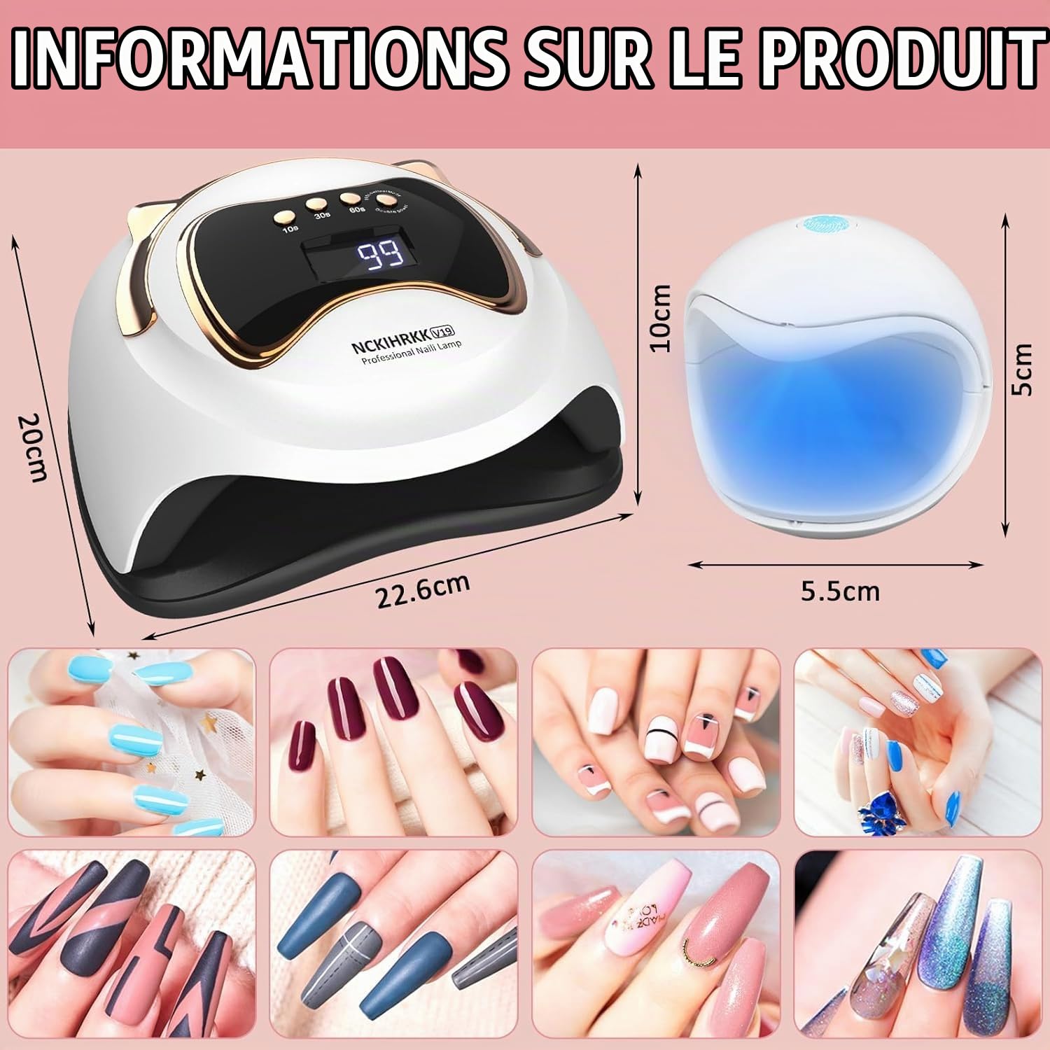 180W Lampe UV Ongles Gel, Poignée en Forme d'oreilles de Chat - Professionnelle Lampe UV Vernis Semi Permanent avec Mini Lampe UV Ongles Gel pour Durcir le Vernis à Ongles en Gel, Blanc