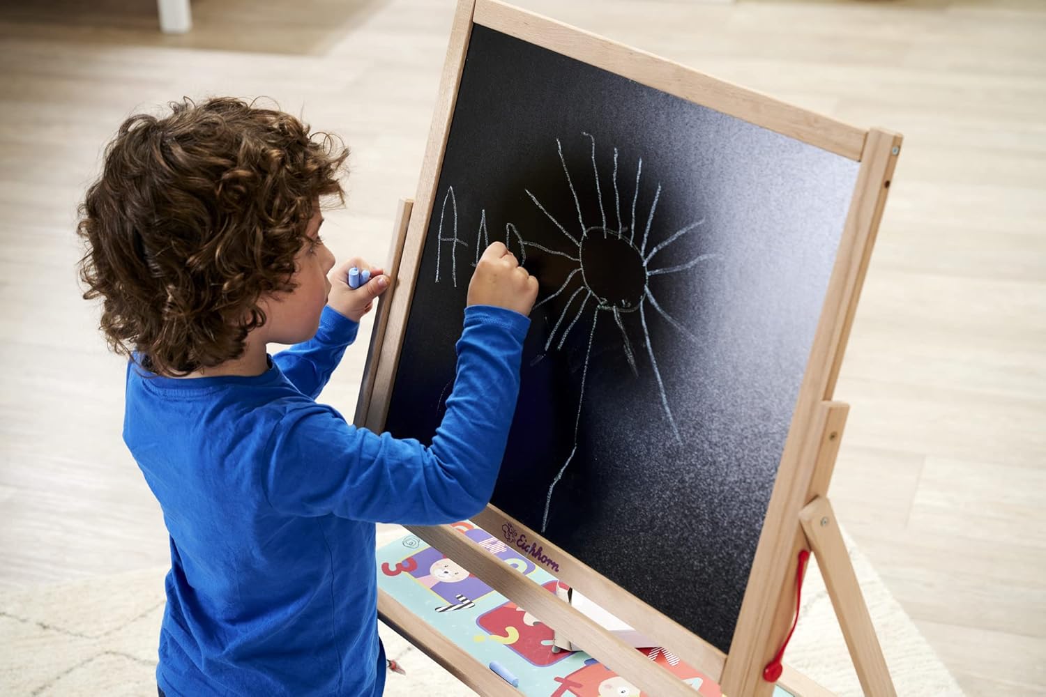 Eichhorn - 100002588 Children's Standing Board with 10 Chalks, 1 Pen and Sponge, Writeable on Both Sides with Shelf, Rotatable, 13 Pieces, 58 x 86 cm, Made of Beech Wood, from 3 Years, Colourful