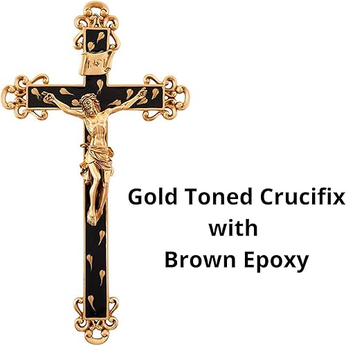 Miniatura 3 de Crucifijo de pared epoxi marrón dorado con detalles florales dorados, decoración religiosa del hogar, 10 pulgadas