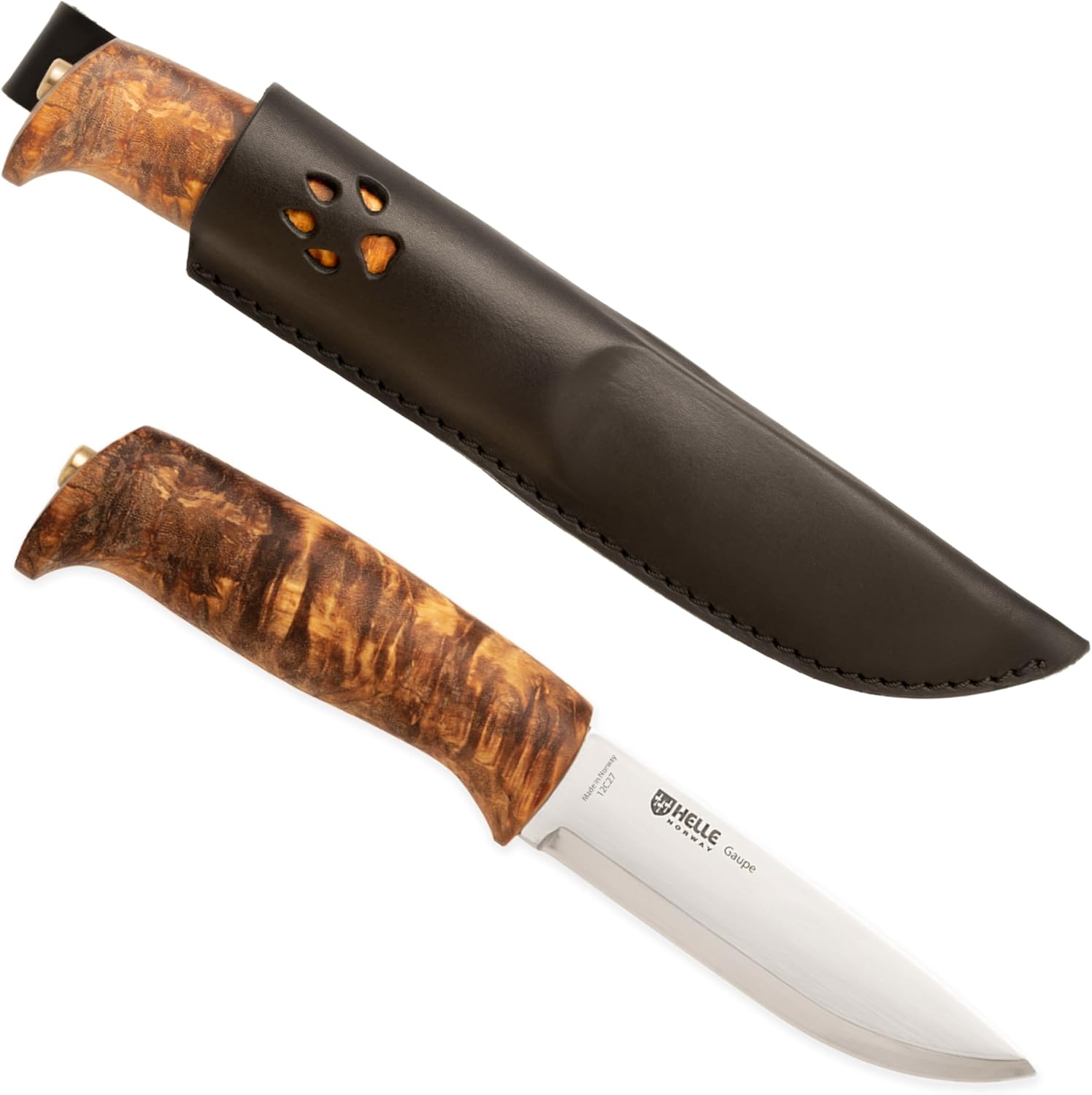 HELLE Knives - Gaupe - Stainless Steel, Outdoor Camping Knife, Stick Tang Fixed Blade with Sheath, Curly Birch Handle, Made in Norway
