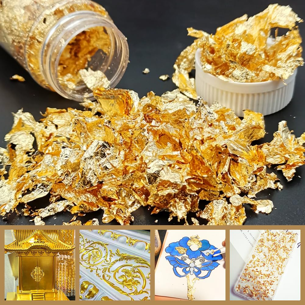 2 Botellas Copos de Lámina de Oro, Hoja de Oro Comestible Multifunción para Cocinar, Pasteles, Maquillaje, Arte de Uñas, Fabricación de Joyas, Decoración de Artes de Pintura