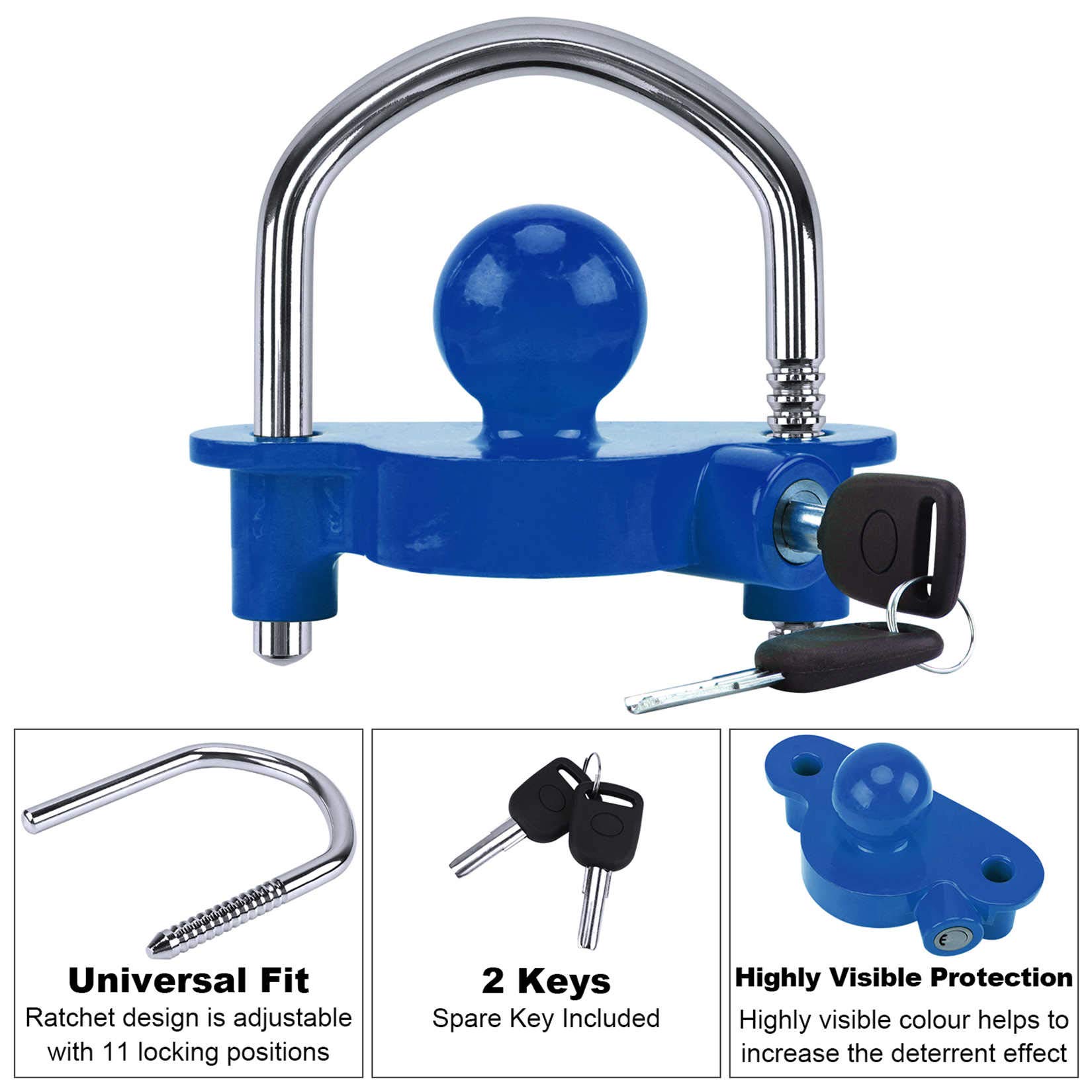 Turnart Anhängerschloss, Premium-Diebstahlsicherung, für 50mm, 2", 1-7/8" Und 2-5/16" Koppler, 2 Schlüsseln (Blau)