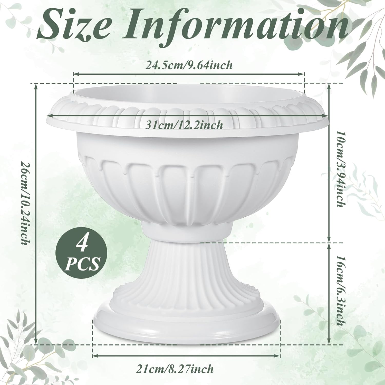 Zhehao 4 Pcs Classic Urn Planter Plastic Urn Planters Outdoor 12 x 10 Inch Traditional Pedestal Flower Pots Outdoor Large White Vases Indoor for Garden Patio Front Porch
