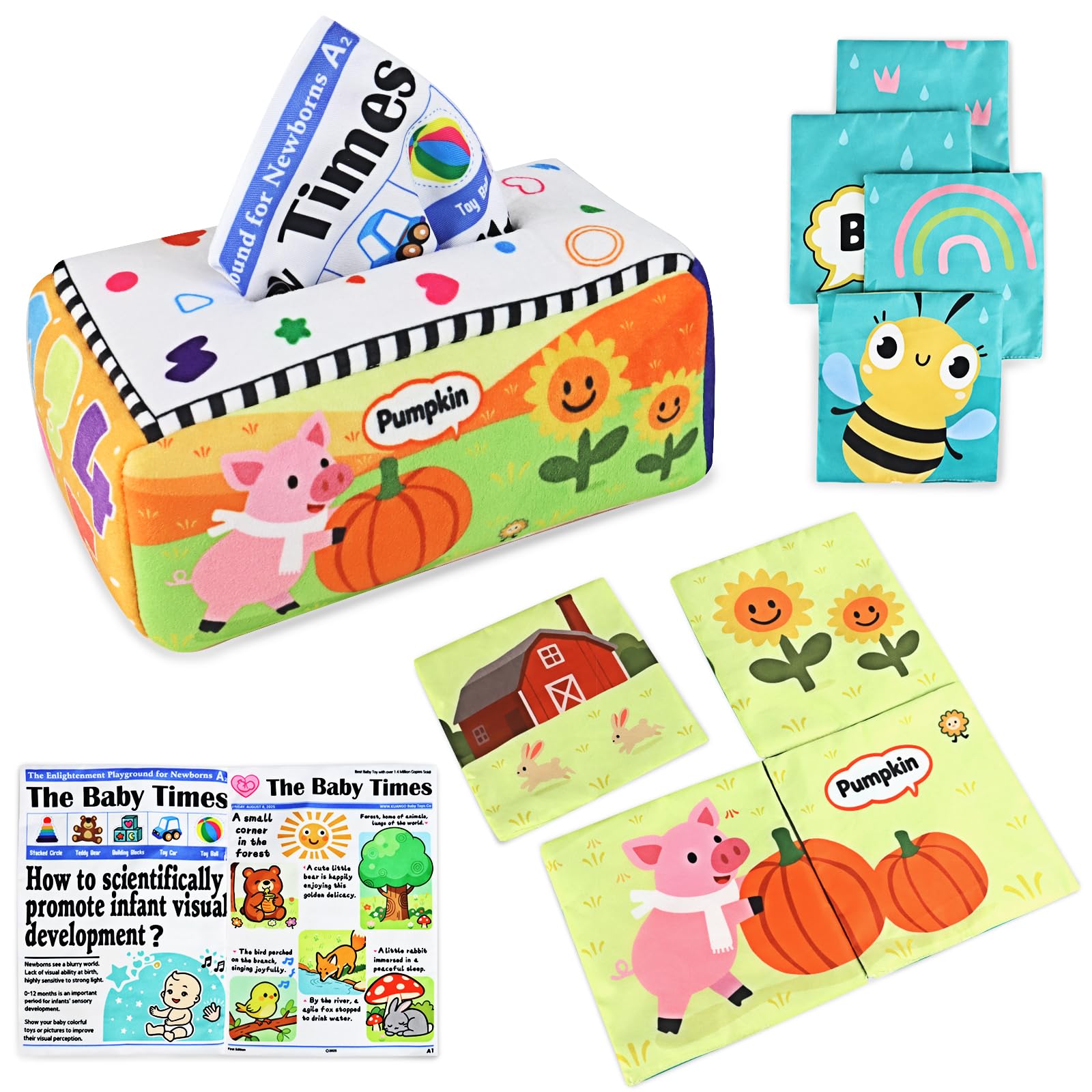 KUANGO Baby Toys 6 to 12 Months, Baby Tissue Box Toy, Newborn Sensory Toys for Babies, Toys for 1 Year Old Boy Girl, Soft Crinkle Toys for Infant Toddler Gifts