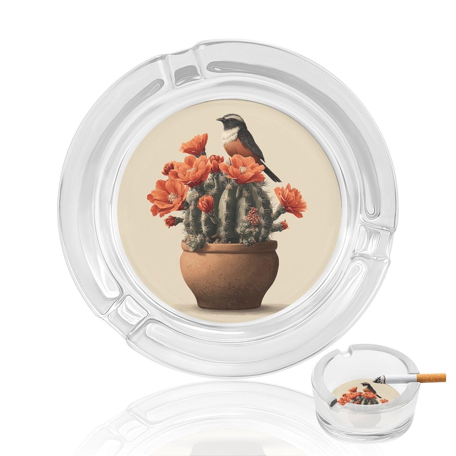 Vintage Cactus And Bird Glass Ashtray for Cigarettes Portable Decorative Ash Trays for Home Office Decor