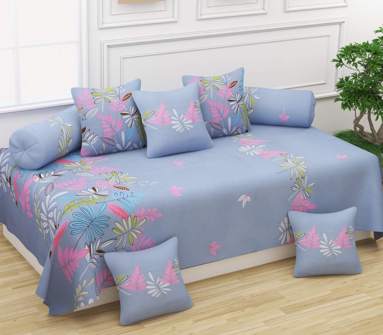 Diwan Cotton Single Bedsheet with Cushions for Living Room 5 and boosters 2 Pieces - Set of 8 Combo (Sky Grass)(Design 026)-picture-20