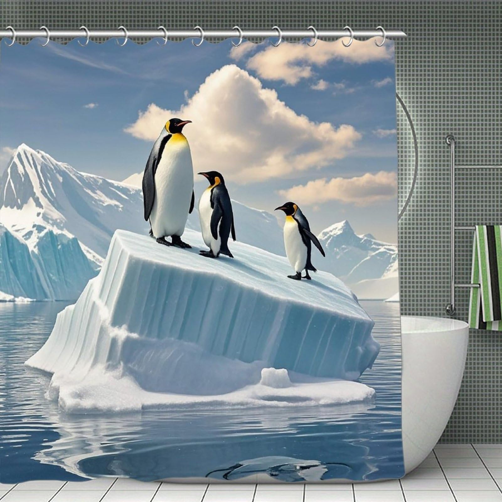 FekiLoot Penguins On The Iceberg Shower Curtain Minimalist Aesthetic Bath Curtain with Hooks Simple Water Resistant Bathroom Shower Curtains Cute Blackout Privacy Curtains Cloth Curtain