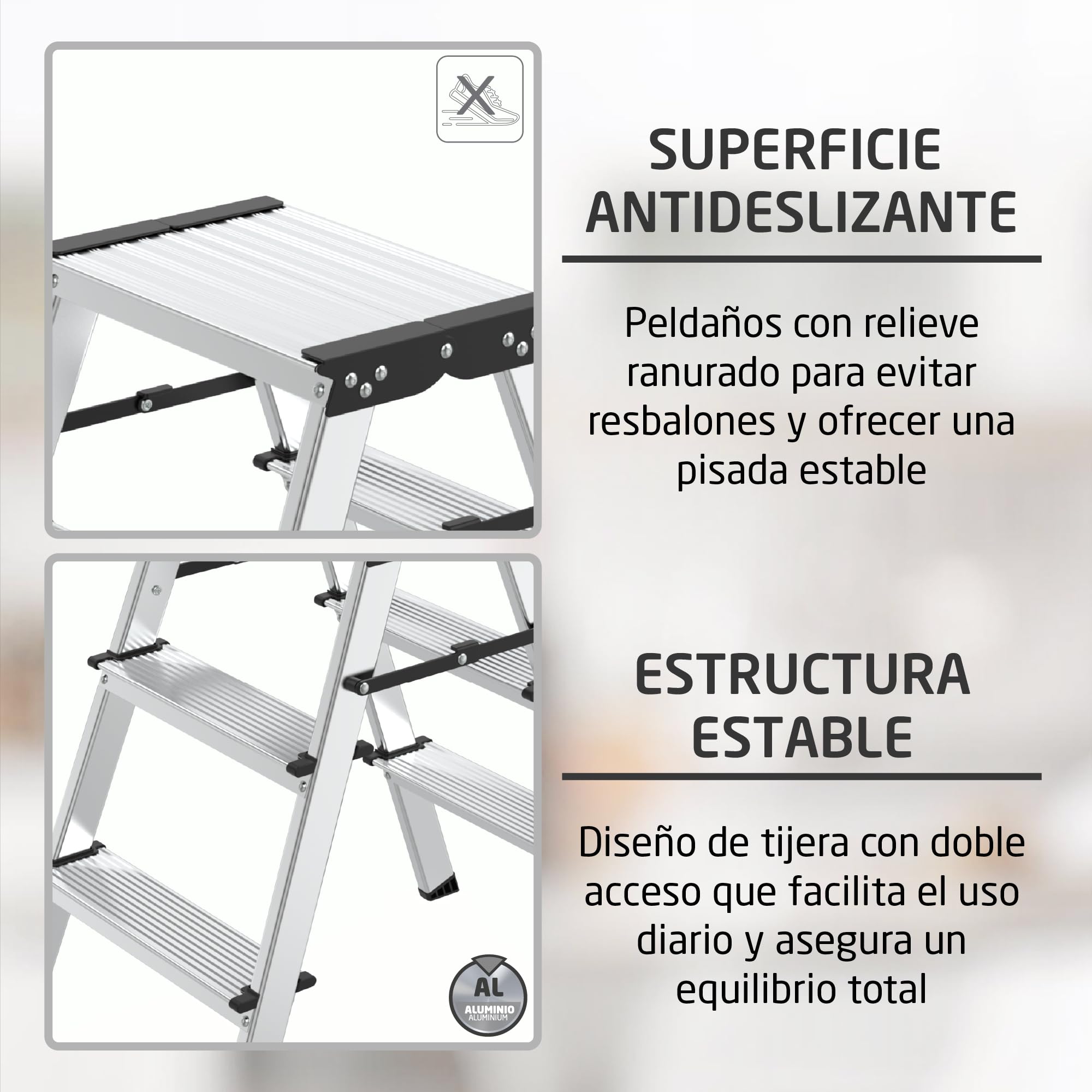 Amig Taburete Plegable 3 Peldaños Aluminio 57x60x36 cm | Ligero y fácil de transportar. Peldaños antideslizantes y plegado compacto.
