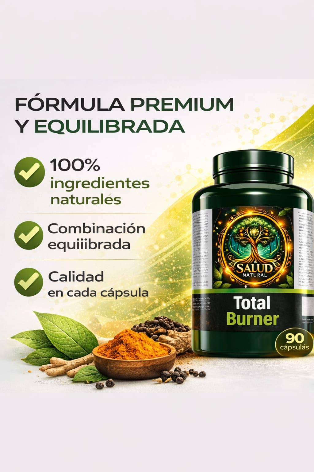 Quemador de Grasa Natural Total Burner Salud Natural, 90 Cápsulas | Control del Apetito y Metabolismo, Energía sin Estimulantes Fuertes, Apoyo Definición y Pérdida de Peso
