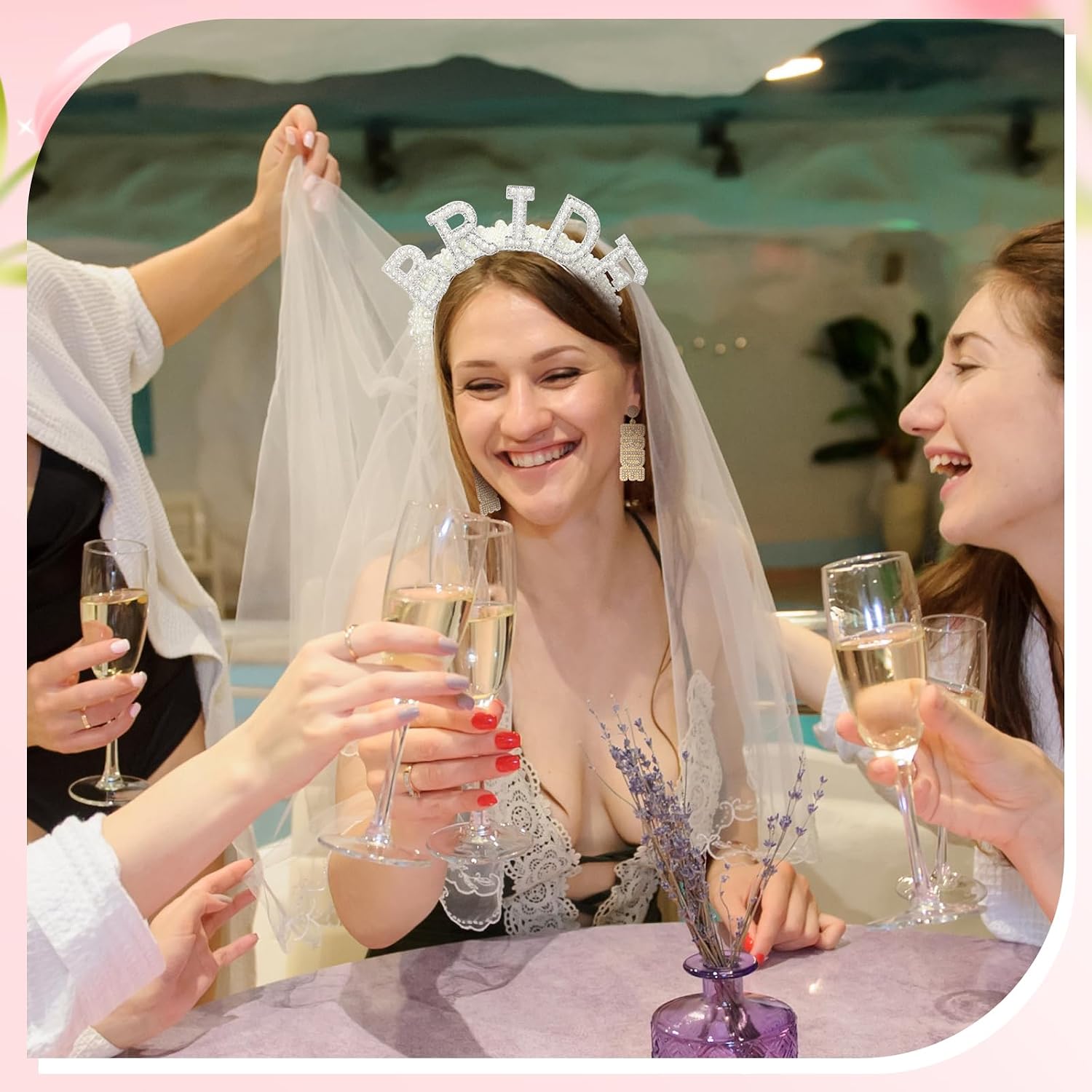 5 Pcs Pearl Bride Headband with Veil Sash Heart Sunglasses Bride Rhinestone Earrings for Bachelorette Party Decorations Bridal Shower Accessories