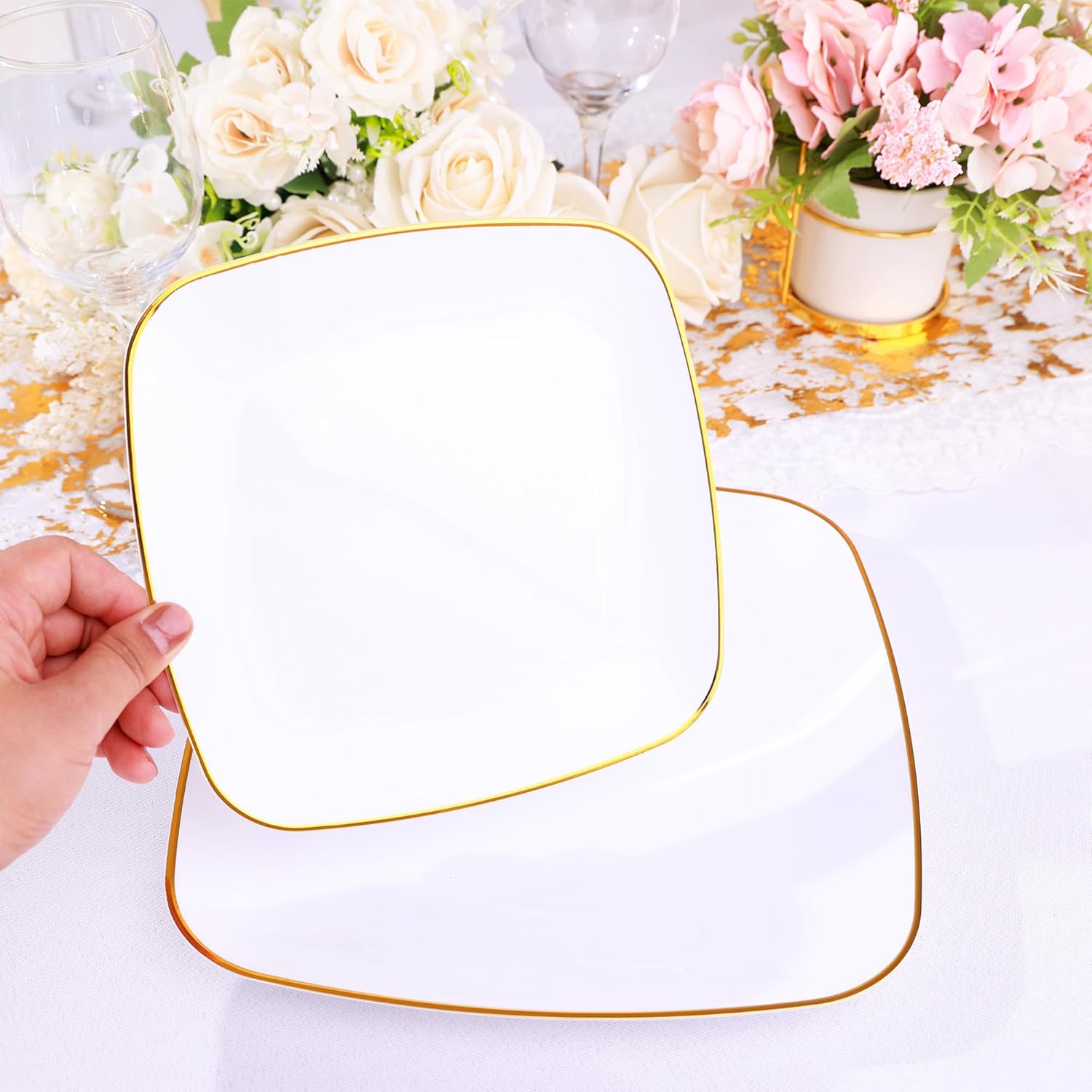 350 Piece Dinnerware Set for Wedding & Party,50 Guest RimPlastic Square Plates,50 Plastic Silverware,50 Cups,50 Linen Like Napkins (White Gold)