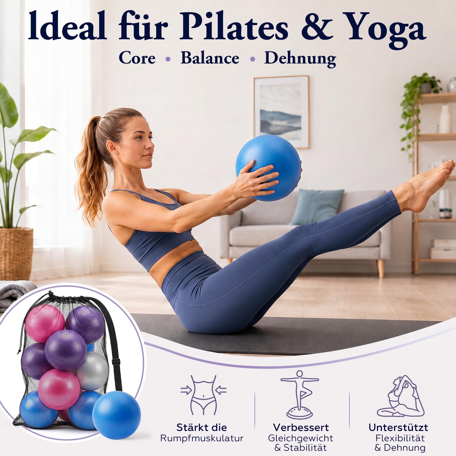 BBTO Juego de 16 Pelotas de Pilates 25 cm Tamaño Pequeño Antideslizantes, a Prueba de Explosiones con Red y Dispositivo de Inflado para Fitness Equilibrio y Fisioterapia (Azul, Morado, Rosa, Gris)