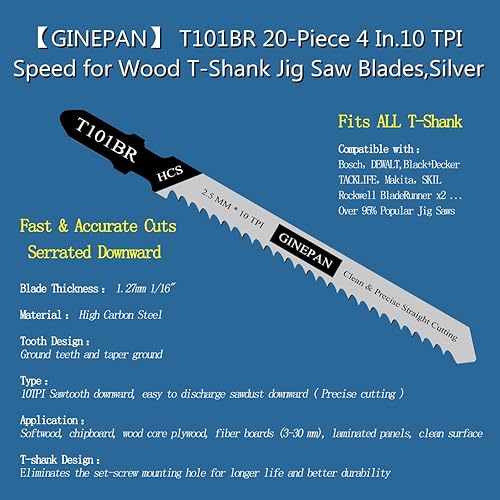 Miniatura 5 de Hojas de sierra de calar con mango en T, 20 unidades, T101BR con estuche, compatibles con Bosch Dewalt Black y Decker Juego de hojas de sierra de