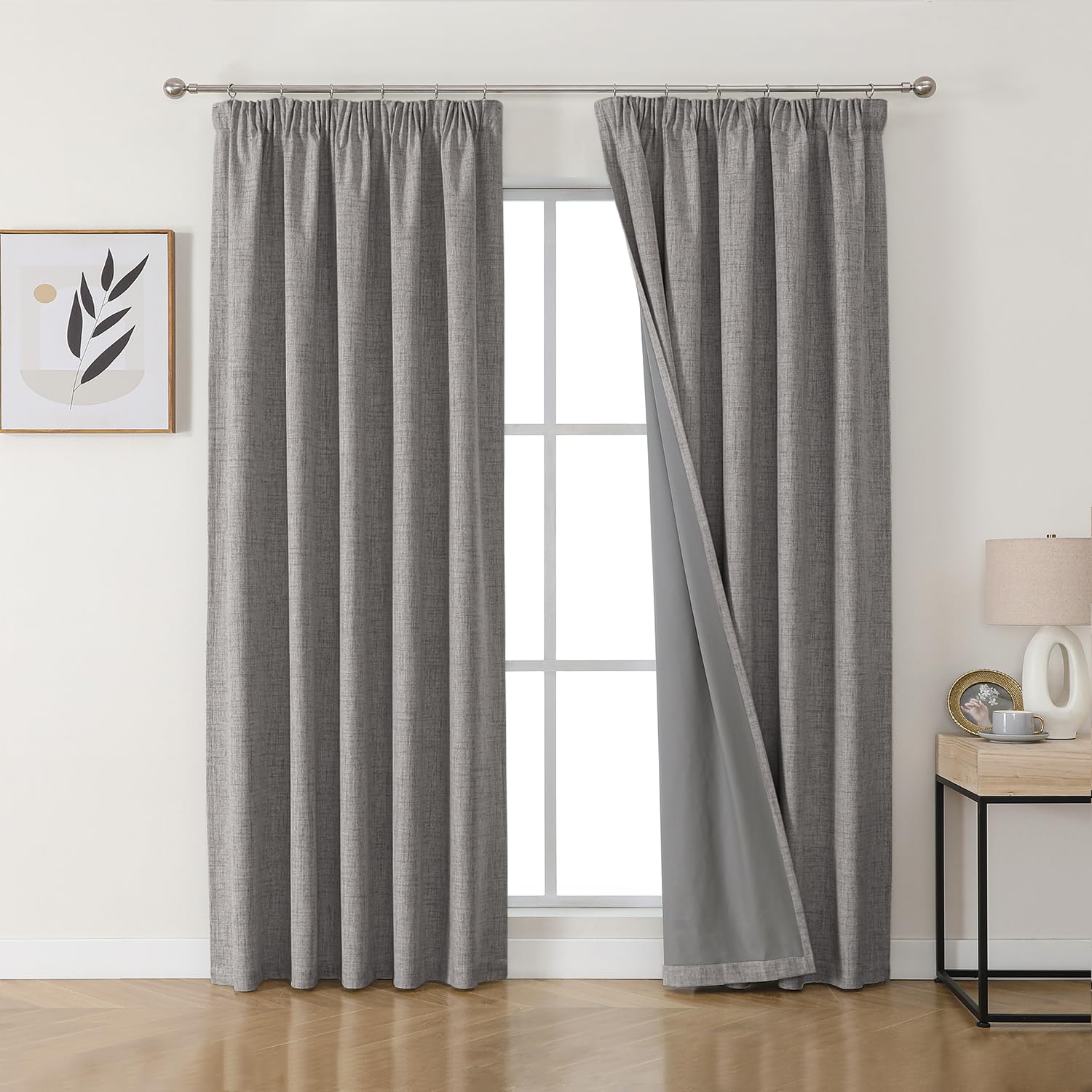 Joydeco 100% Verdunkelungsvorhänge Leinen Gardinen mit Kräuselband 2er Set H225xB140cm Hellgrau, Thermovorhang Kälteschutz Blickdicht Schallschutz Ideal für Wohnzimmer passt zu Schienensystemen