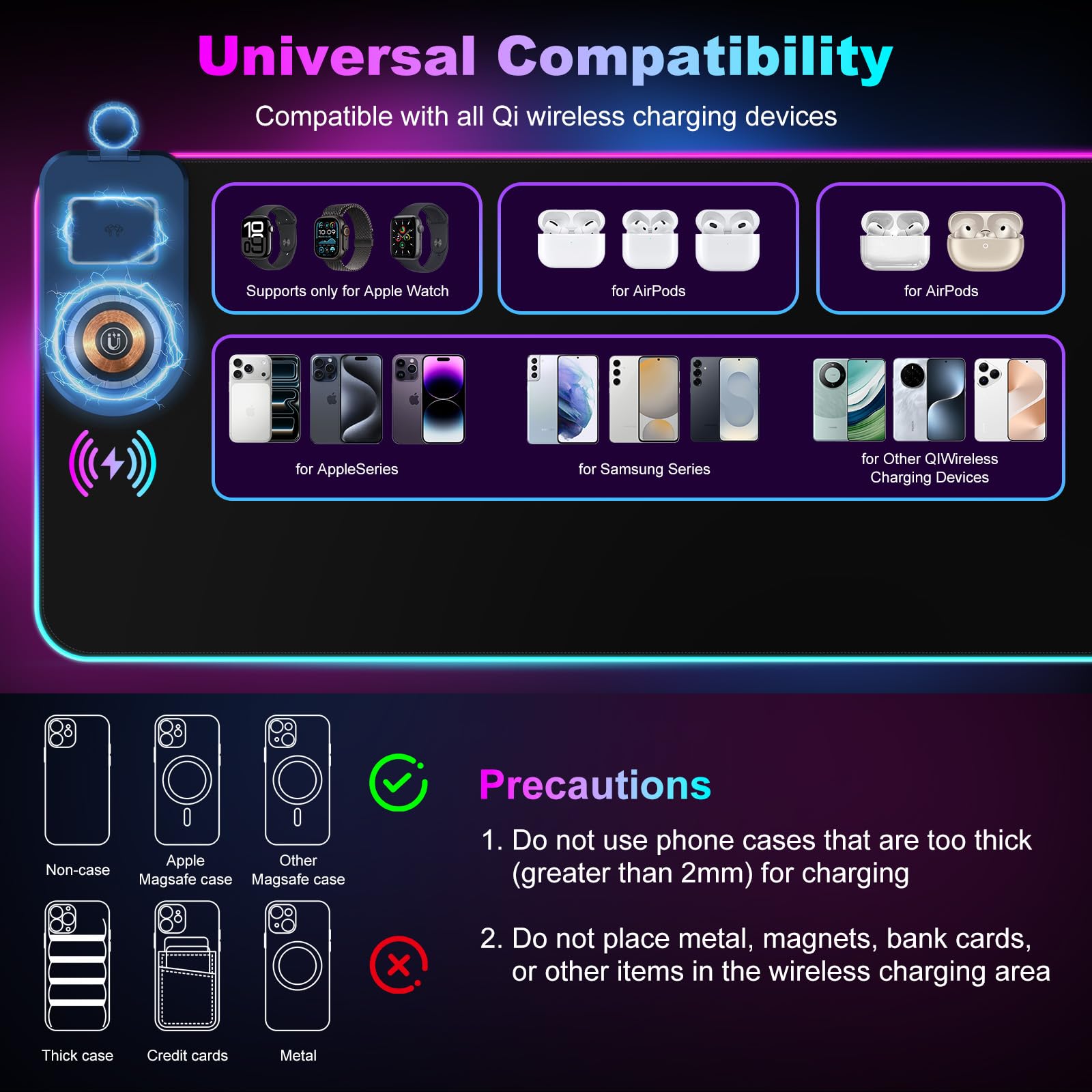 besky Tappetino per mouse da gioco RGB con supporto pieghevole per telefono, stazione di ricarica magnetica 3 in 1, grande tappetino da scrivania, superficie impermeabile, base in gomma antiscivolo