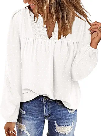 BETTE BOUTIK Women Boho Long Sleeve Shirts Dressy Casual V Neck Fall Fashion Tops Swiss Dot Flowy Blouses