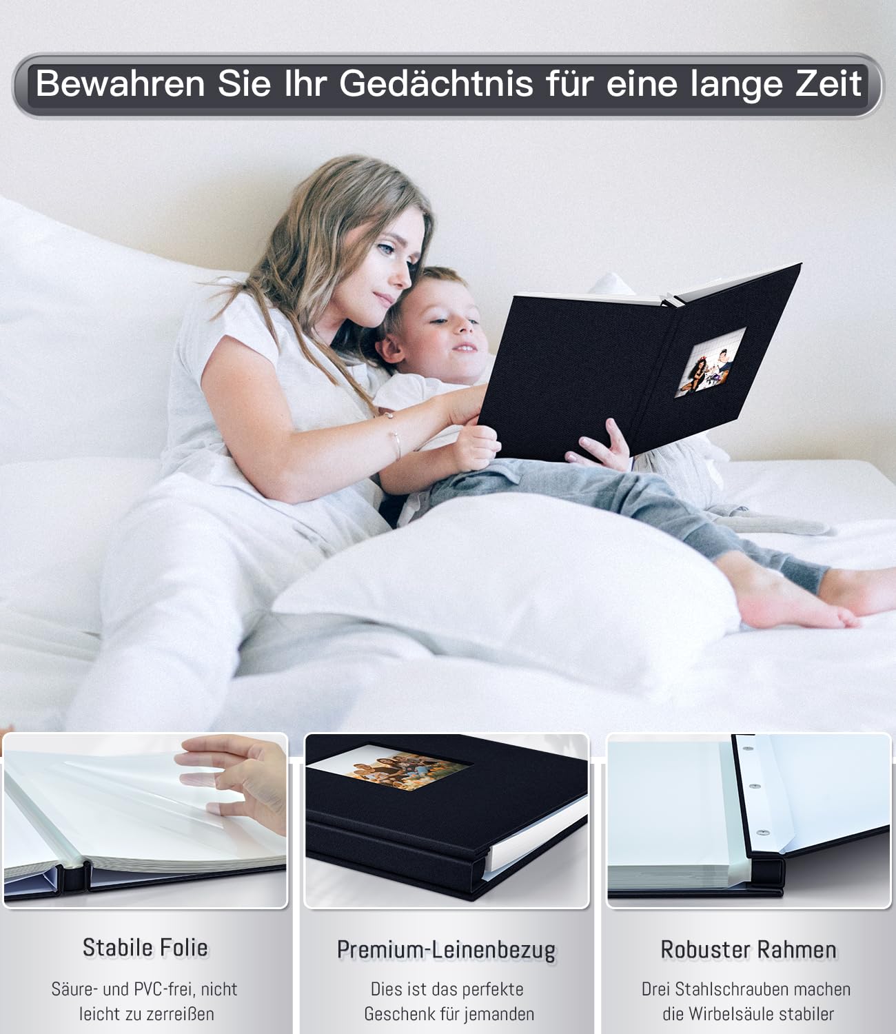Popotop Fotoalbum selbstklebend mit Bildanzeigefenster, 40 Seiten DIY Scrapbook Album für 10x15 Bilder, Leineneinband Erinnerungsbuch für Baby Hochzeit, mit Scraper und Metallic Stift