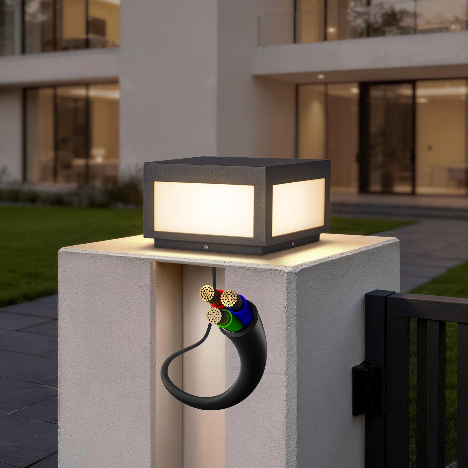 Outdoor Post Lights Hard Wired, 9.8" Pillar Lights Waterproof, AC100-240V LED Column Lamp, Electric Modern Fence Deck Cap Lantern 3000K Lighting for Patio Garden Driveways Entrances Posts