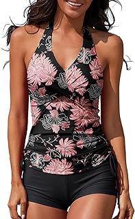 Women Two Piece Tankini Halter Padded Adjustable Drawstring Swimsuit with Boyshorts