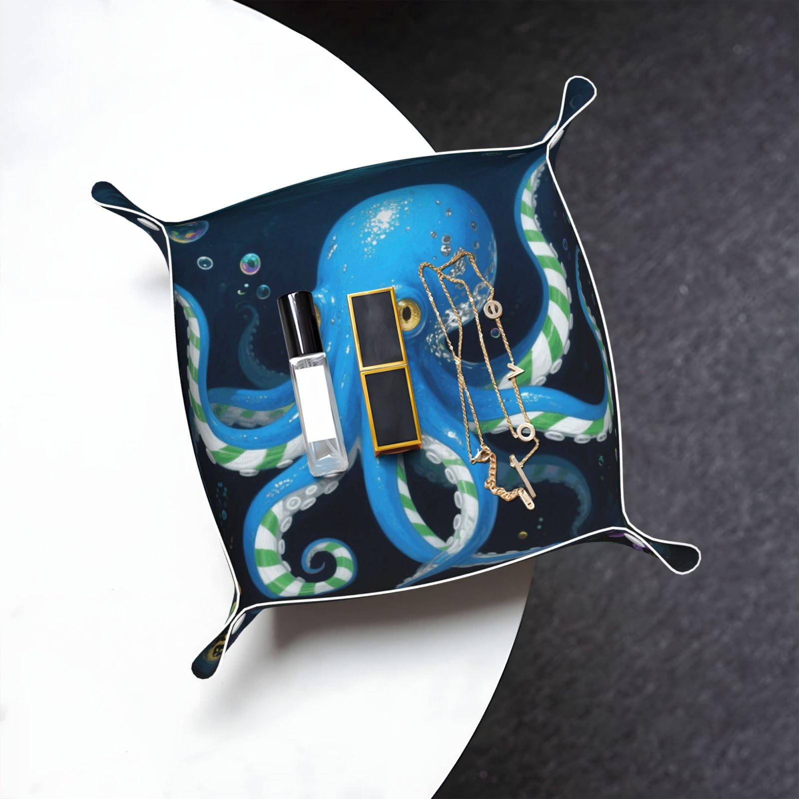 Blue Octopus Valet Tray Organizer Pu Leather Travel Catchall Tray Organizer Portable Jewelry Tray Storage Keys Tray for Entryway Table Coins Watches Candy
