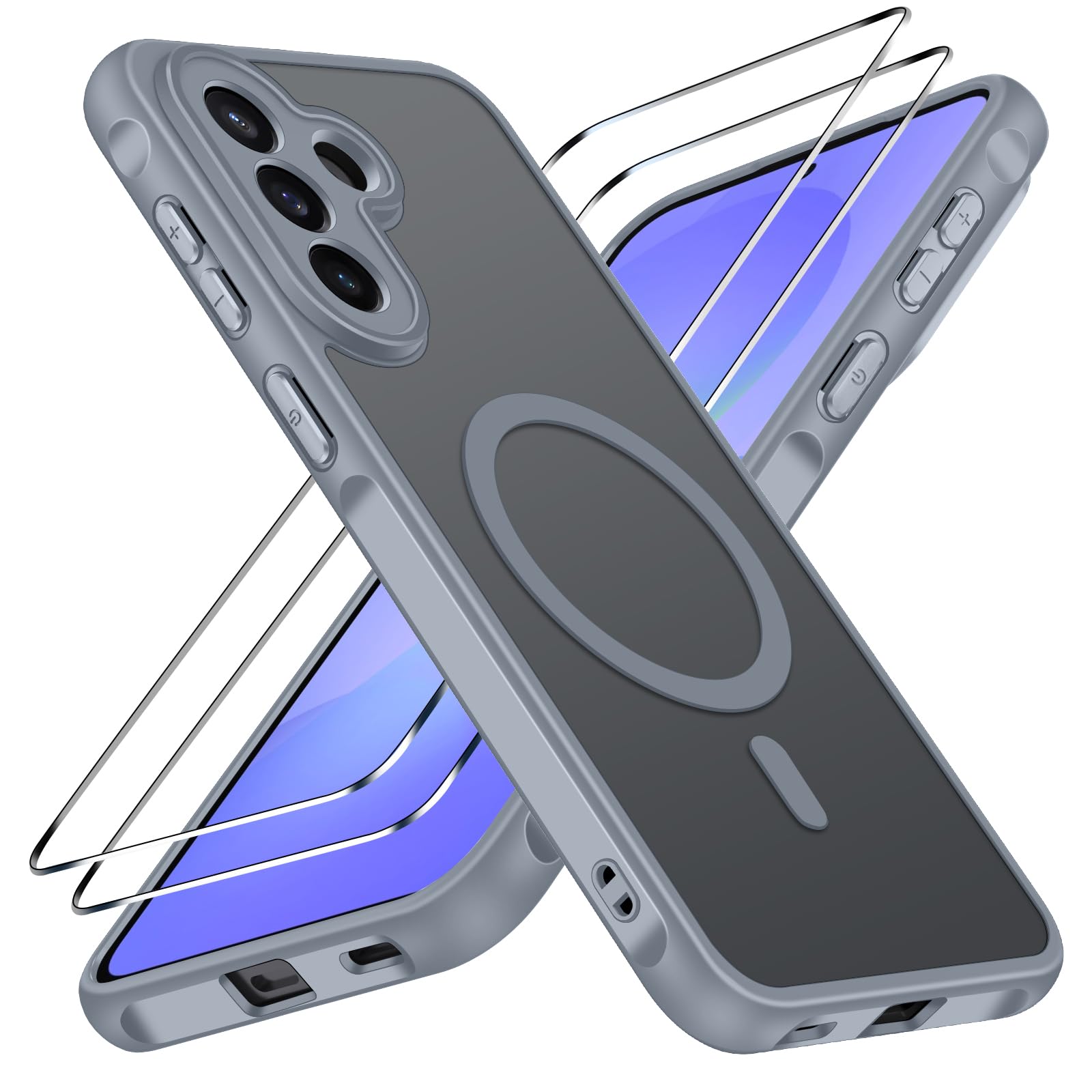 ivoler für Samsung Galaxy A57 5G Hülle, 1 Magnetisch Handyhülle mit 2 Stück Panzer Schutz Glas, [Kompatibel mit MagSafe] [Militärnorm Sturzschutz] Stoßfest Schutzhülle Silikon Case Matt Grau