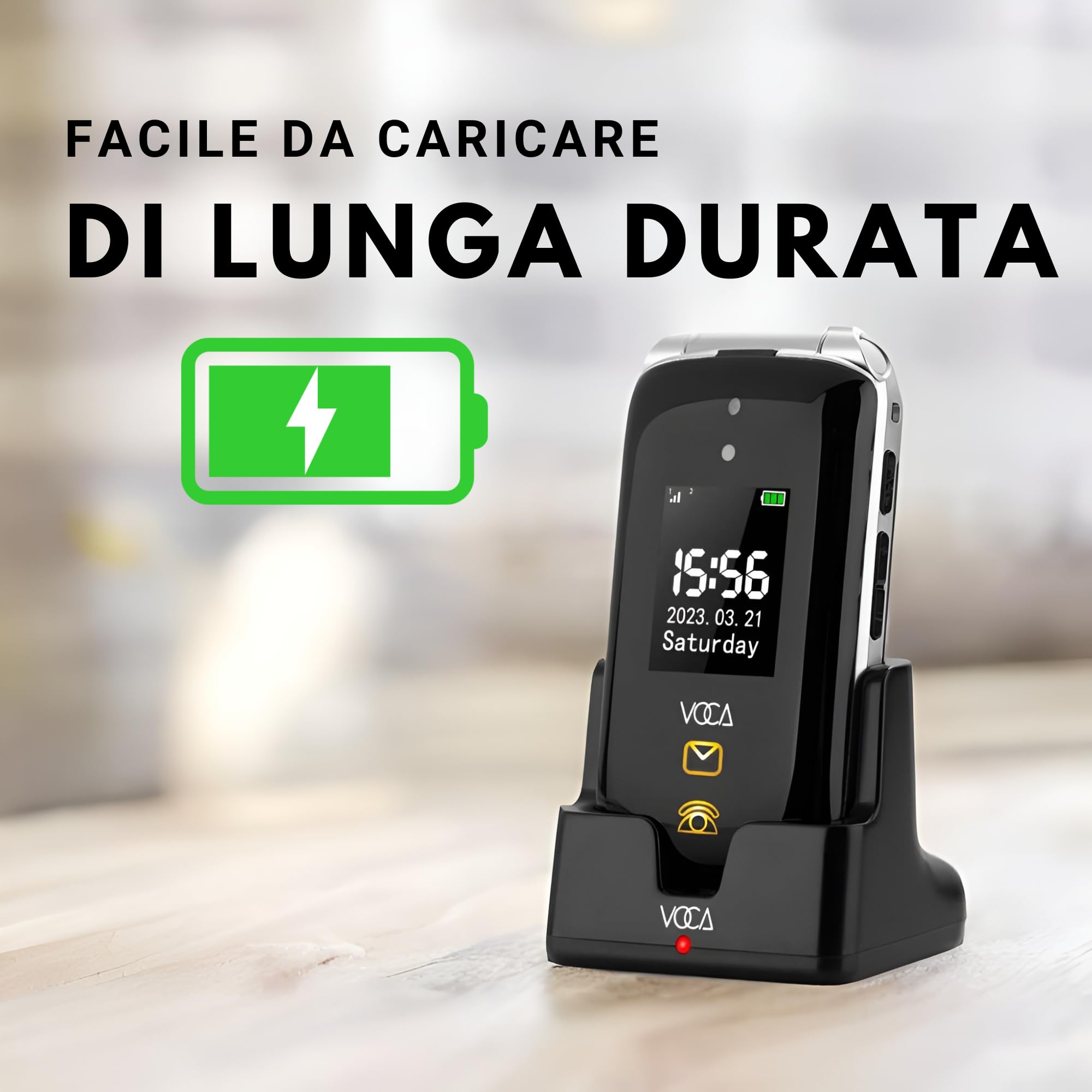 VOCA Telefono a conchiglia con grandi tasti per anziani, Doppio schermo, 4G LTE, Volume elevato, Pulsante SOS | Compatibilità con apparecchi acustici | Dock di ricarica | Testo predittivo | V543
