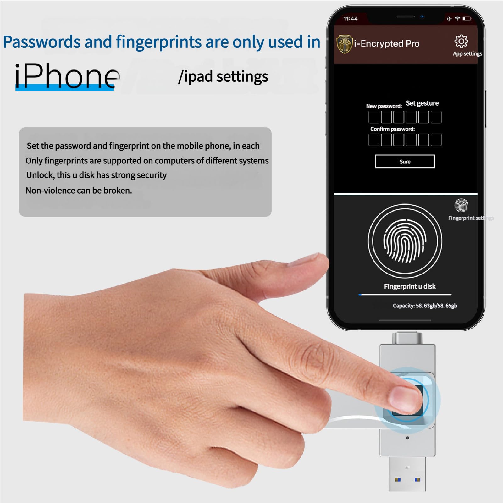 Chiavetta USB con Protezione Tramite Password e crittografia delle Impronte digitali, Fino a 29 MB/s in lettura/16 MB/s in Scrittura, 64 Impronte digitali 256GB