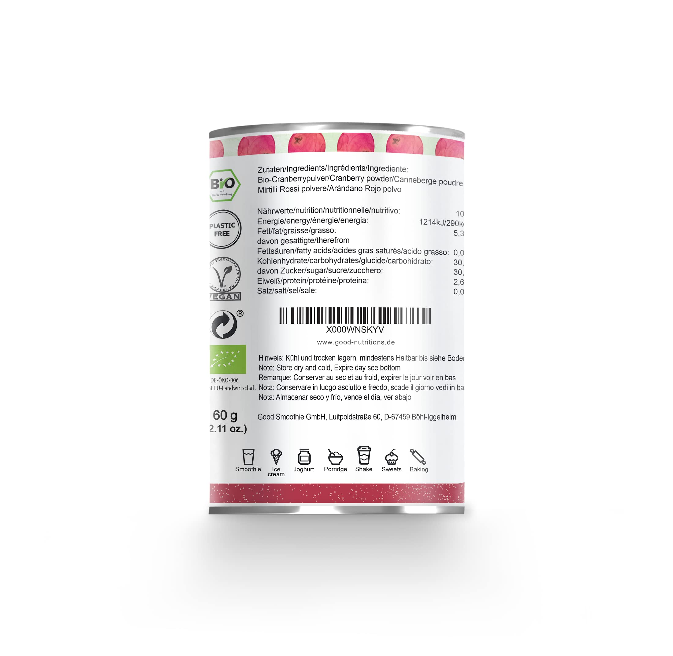Arándano Rojo en Polvo - Liofilizado|biológico|vegano|crudo|pura fruta|no aditivo|rica en vitamina|Good Nutritions 60g