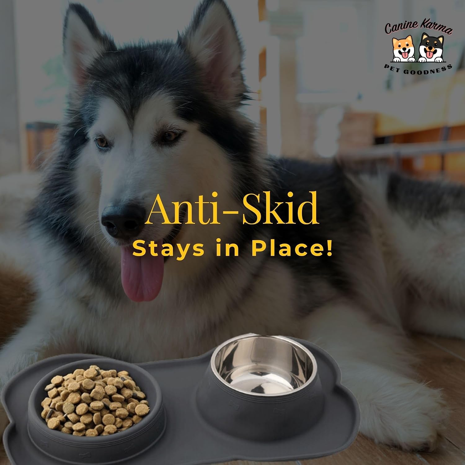 Canine Karma Slow Feeder Dog Bowl With No-Spill Non-Skid Silicone Mat - Stainless Steel Water Bowl for Dogs - Pet Goodness