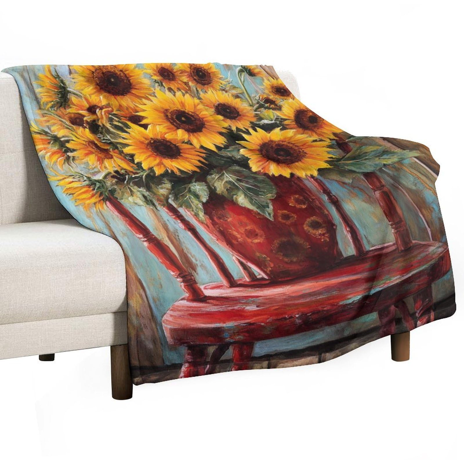Couverture anti-boulochage canapé lit et salon - Plaid rustique motif tournesols de 130 x 150 cm