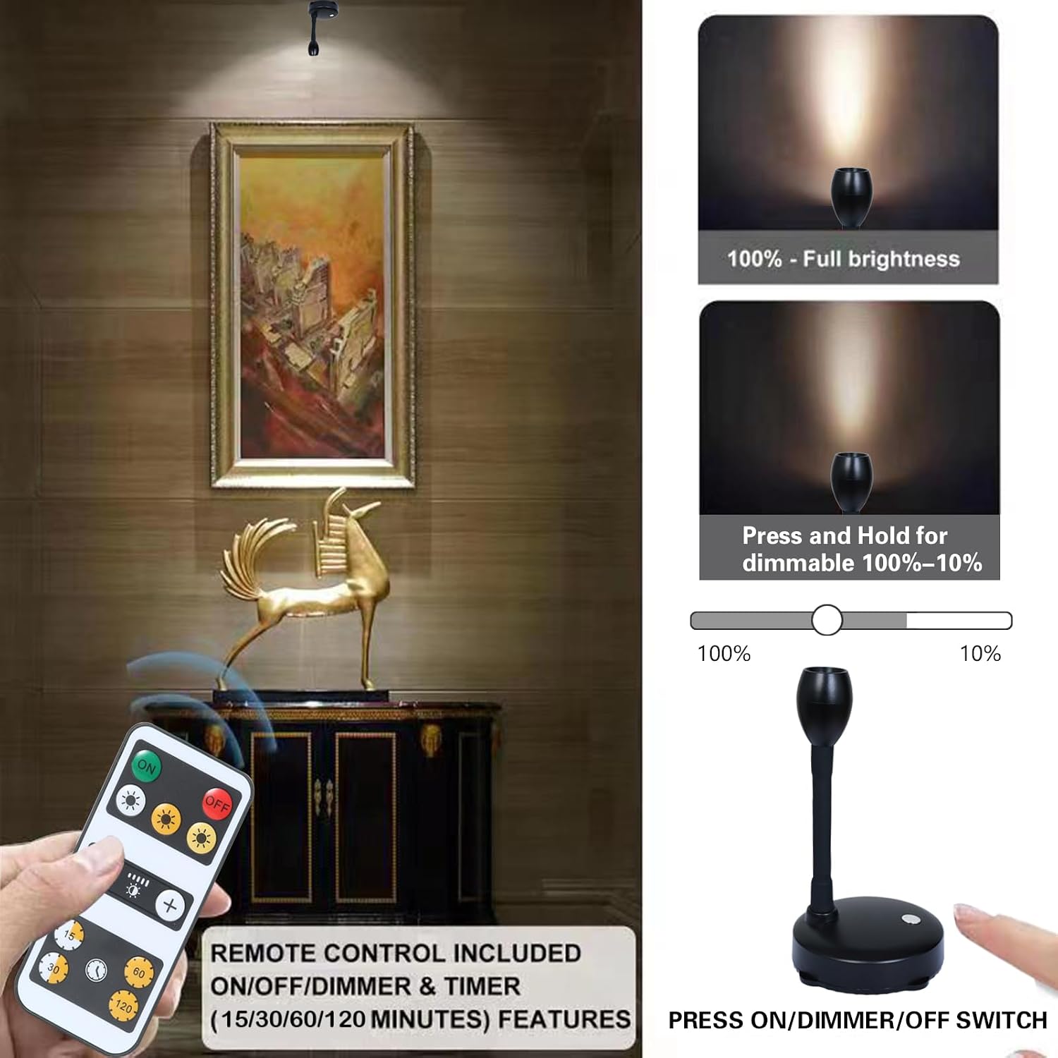 LED Spotlight, Battery Indoor Spot Lights 360°Rotation with Remote | 3 Lighting Modes Battery Operated Picture Light with Remote, Display Lights For Wall Picture Painting Artwork Accent, 2Pack
