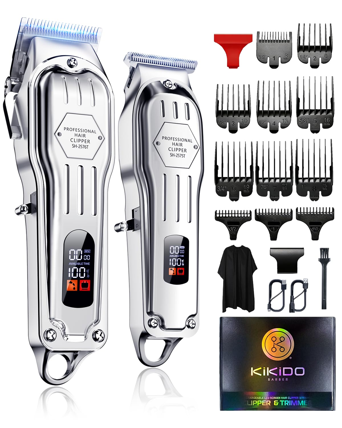 KIKIDO Hair Clippers Professional Cordless for Men, Barber Clippers for Hair Cutting Kit, Wireless LCD Display Hair Trimmers Set, Rechargeable Haircut Machine for Family (Sliver)