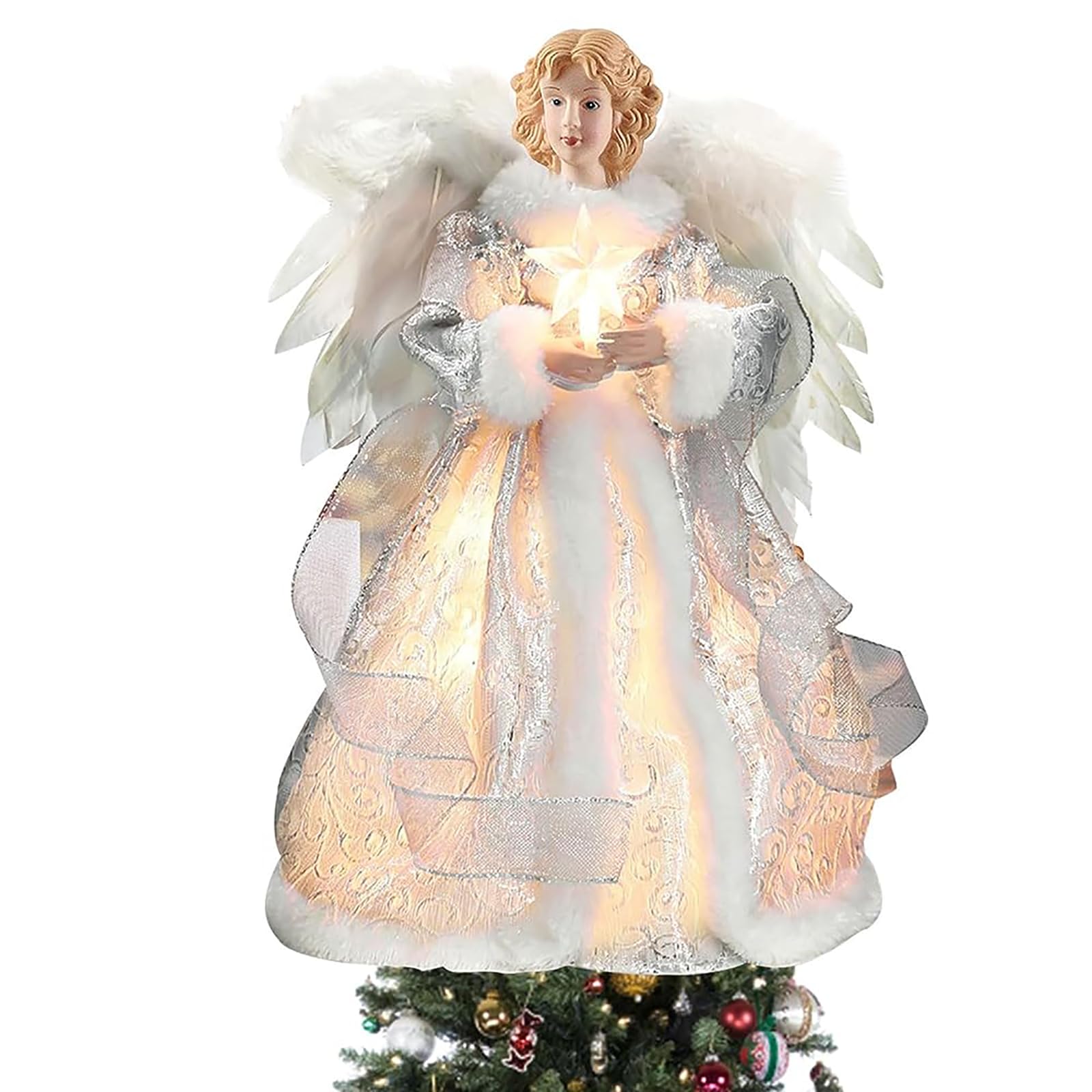 Puntale per Albero di Natale con Angelo, Statuetta con Angelo di Natale, Decorazione Natalizia per Interni con Ali di Piume, 12,6 Pollici (Argento)