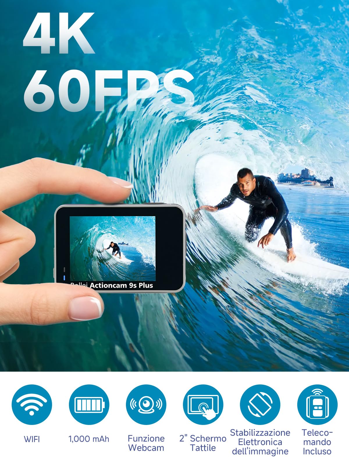 Rollei Fotocamera subacquea Action Cam 9s Plus I 4K 60fps con display selfie, stabilizzazione dell'immagine, time lapse, slow motion, funzione loop I impermeabile fino a 10 m, 65,5 x 43,8 x 26,5 mm