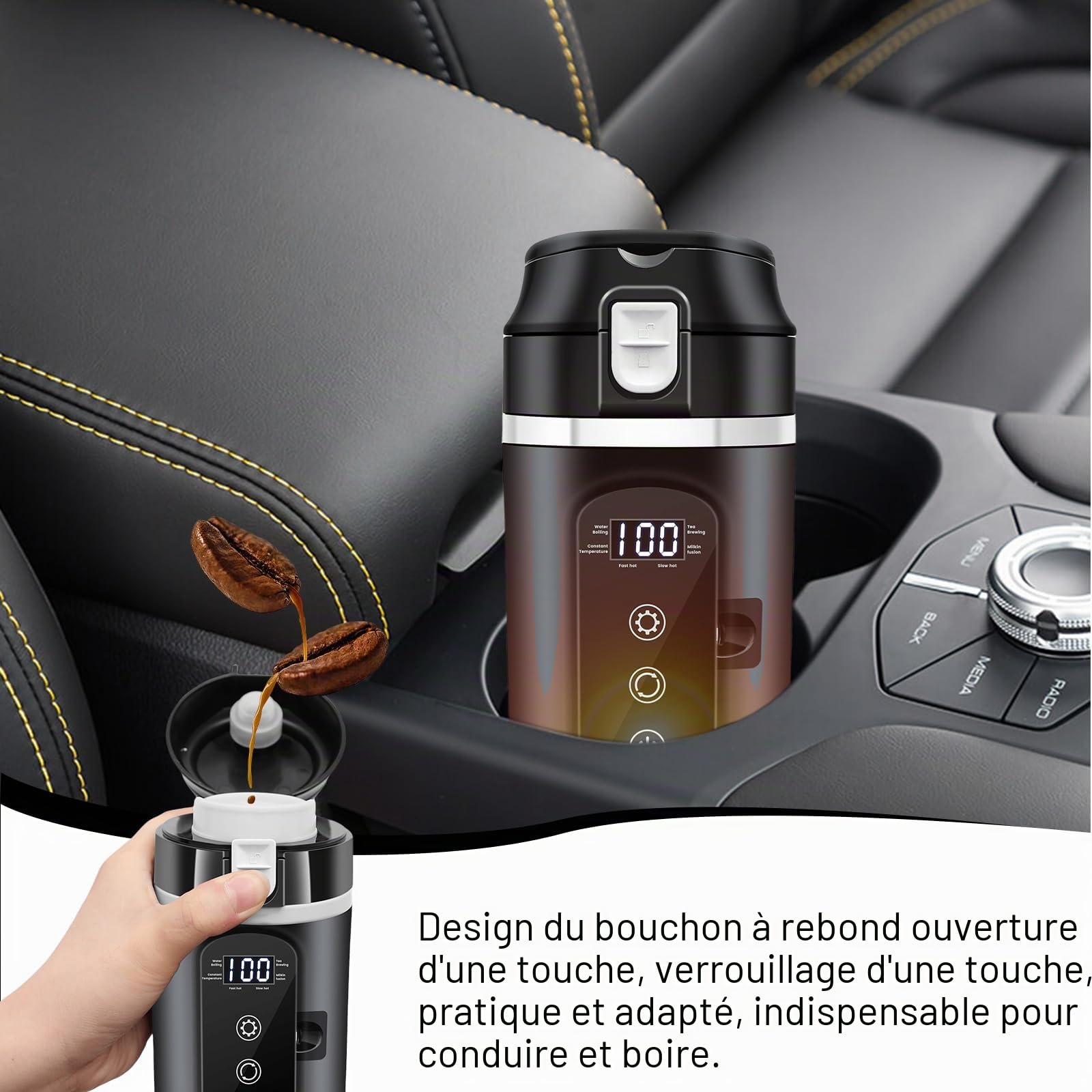 Bouilloire électrique pour voiture, tasse chauffante 500 ml, bouilloire de voyage, mini café électrique 12 V, réglage de la température variable jusqu'à 100 °C, pour camion, camping