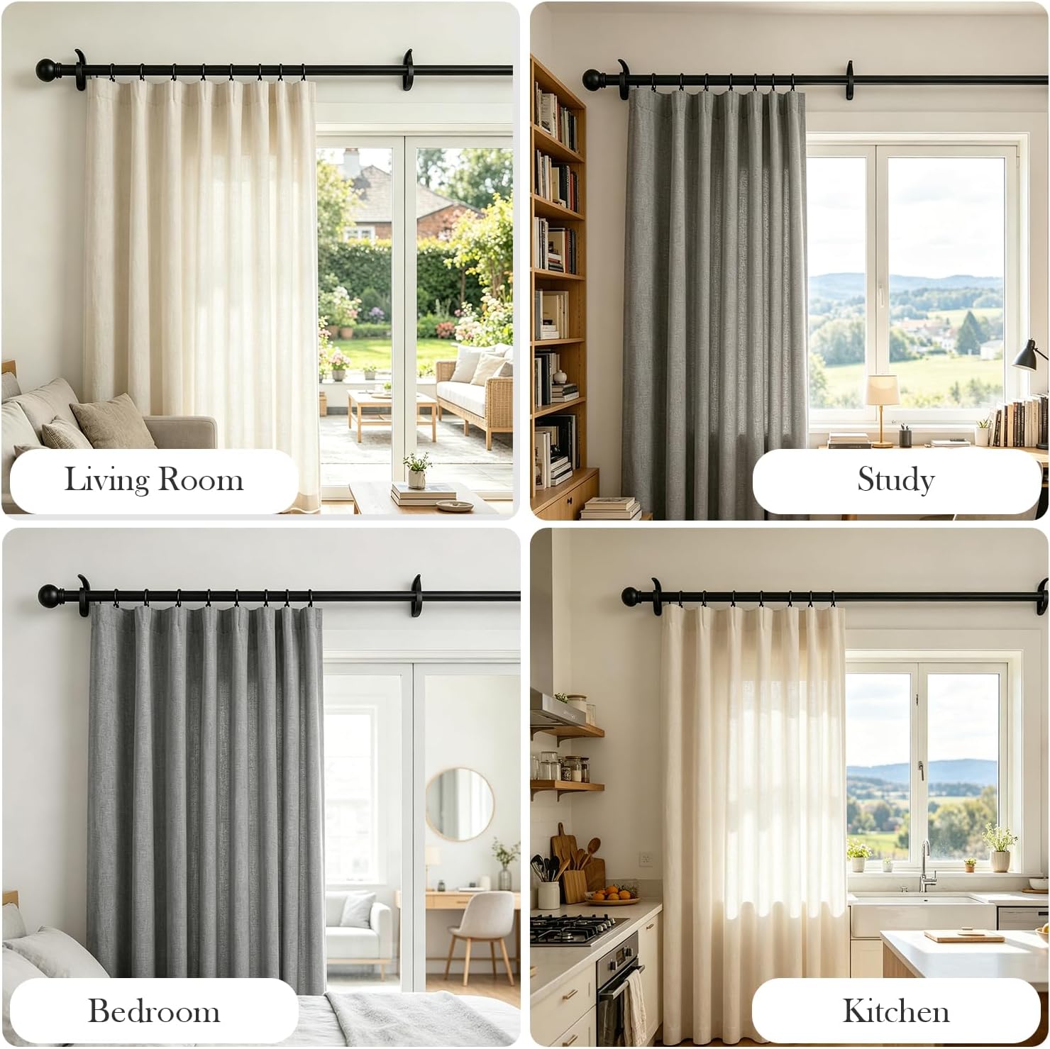 Heavy Duty Adjustable Curtain Rod 16-120 Inch, 1 Inch Diameter Black Curtain Rod with Aluminum Finials, Modern Style Window Rod for Bedroom, Living Room, Study, Kitchen