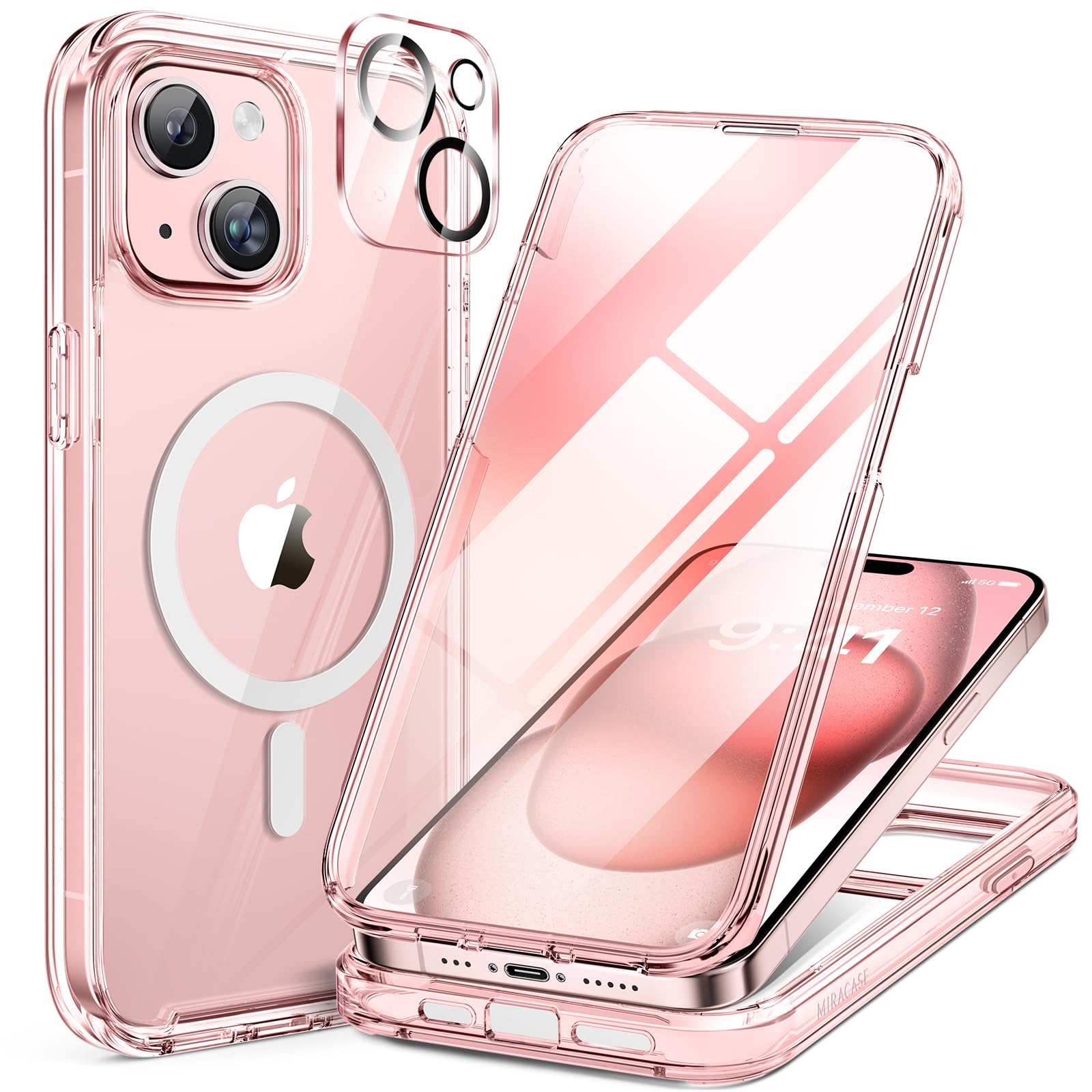 Miracase Glass Series for iPhone 15 Case [Compatible with MagSafe] Full-Body Magnetic Case with Built-in 9H Tempered Glass Anti-Fingerprint Screen Protector + Camera Lens Protector, Transparent Pink