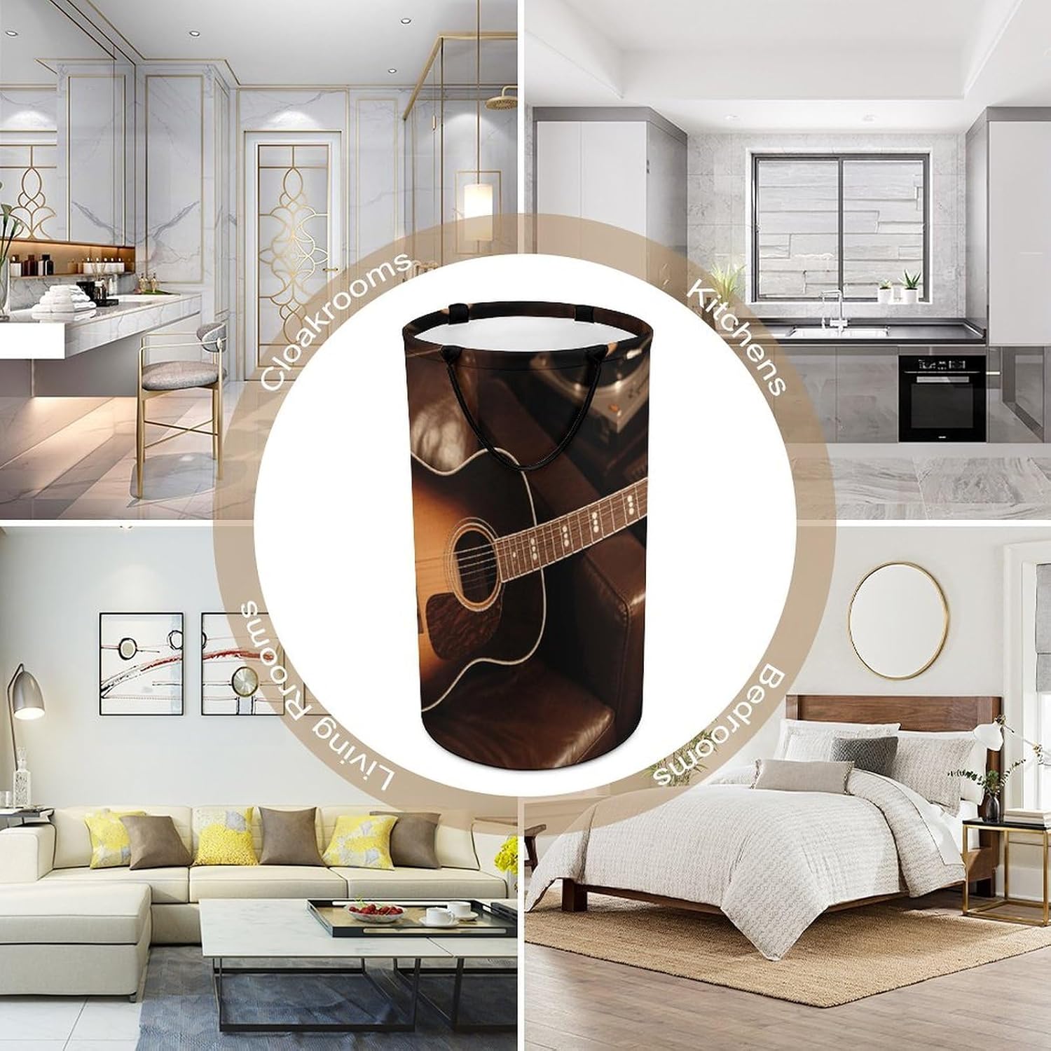 Musical Guitar Laundry Hamper Large Capacity 15.7x27.2 Inch, Collapsible Dirty Clothes Basket with Handles, Foldable Storage Bin Laundry Basket for Bedroom Bathroom Dorm