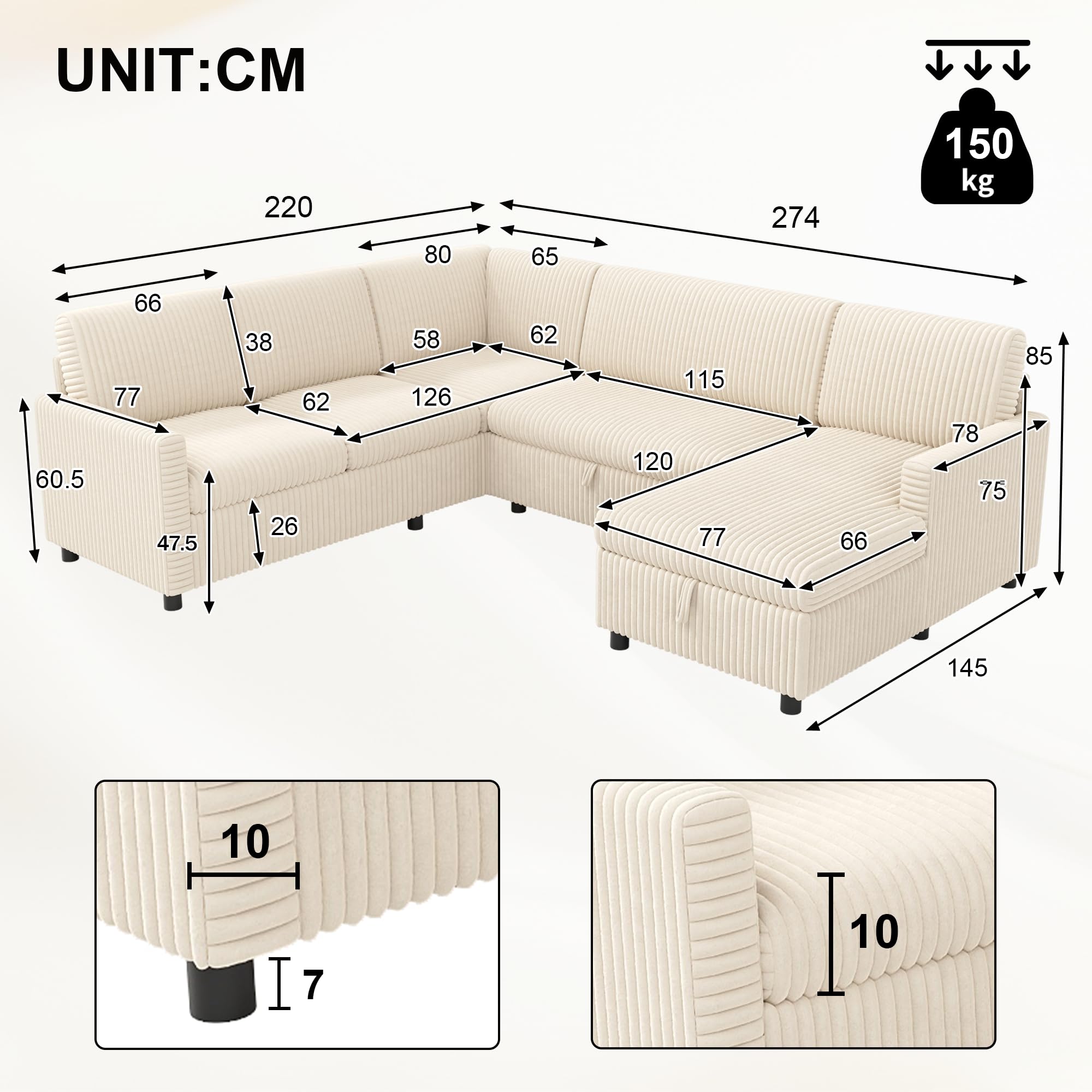 Sofá cama esquinero moderno en forma de L de 274 cm con función de dormir, sofá cama extensible, tela de pana gruesa, chaise longue con espacio de almacenamiento (beige)